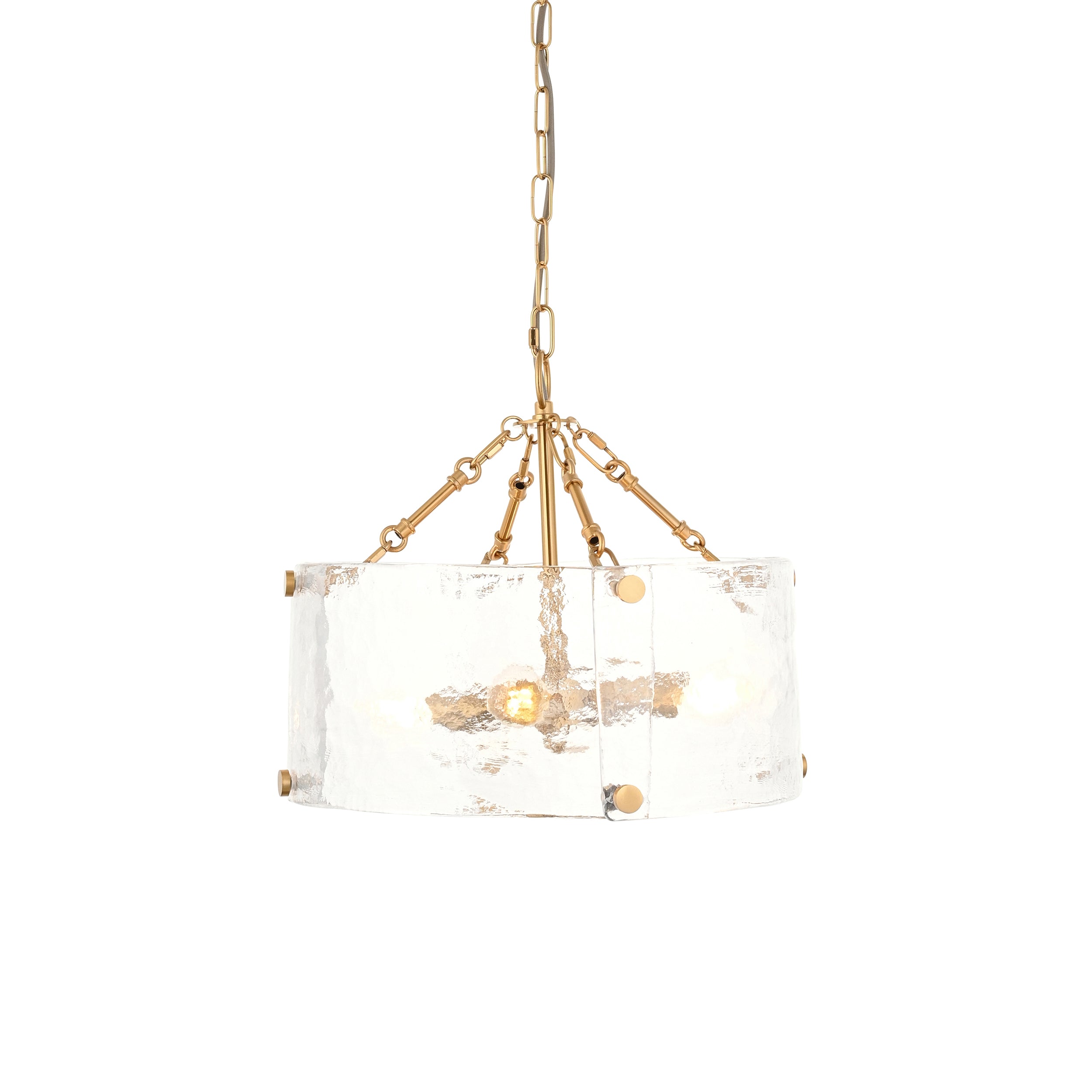 Endon Keller 4 Light Pendant - Brushed Aged Brass Plate & Handmade Textured Clear Glass