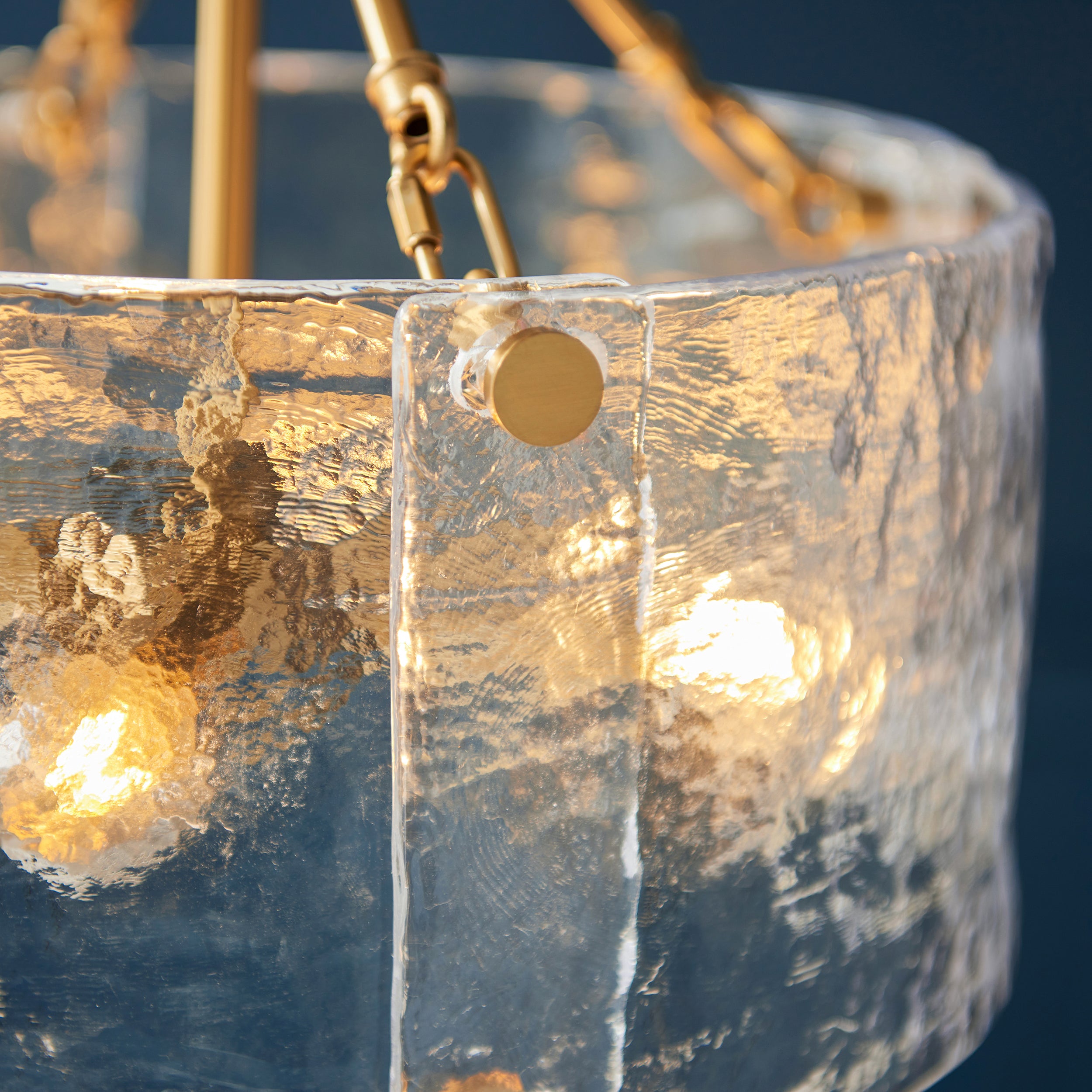 Endon Keller 4 Light Pendant - Brushed Aged Brass Plate & Handmade Textured Clear Glass