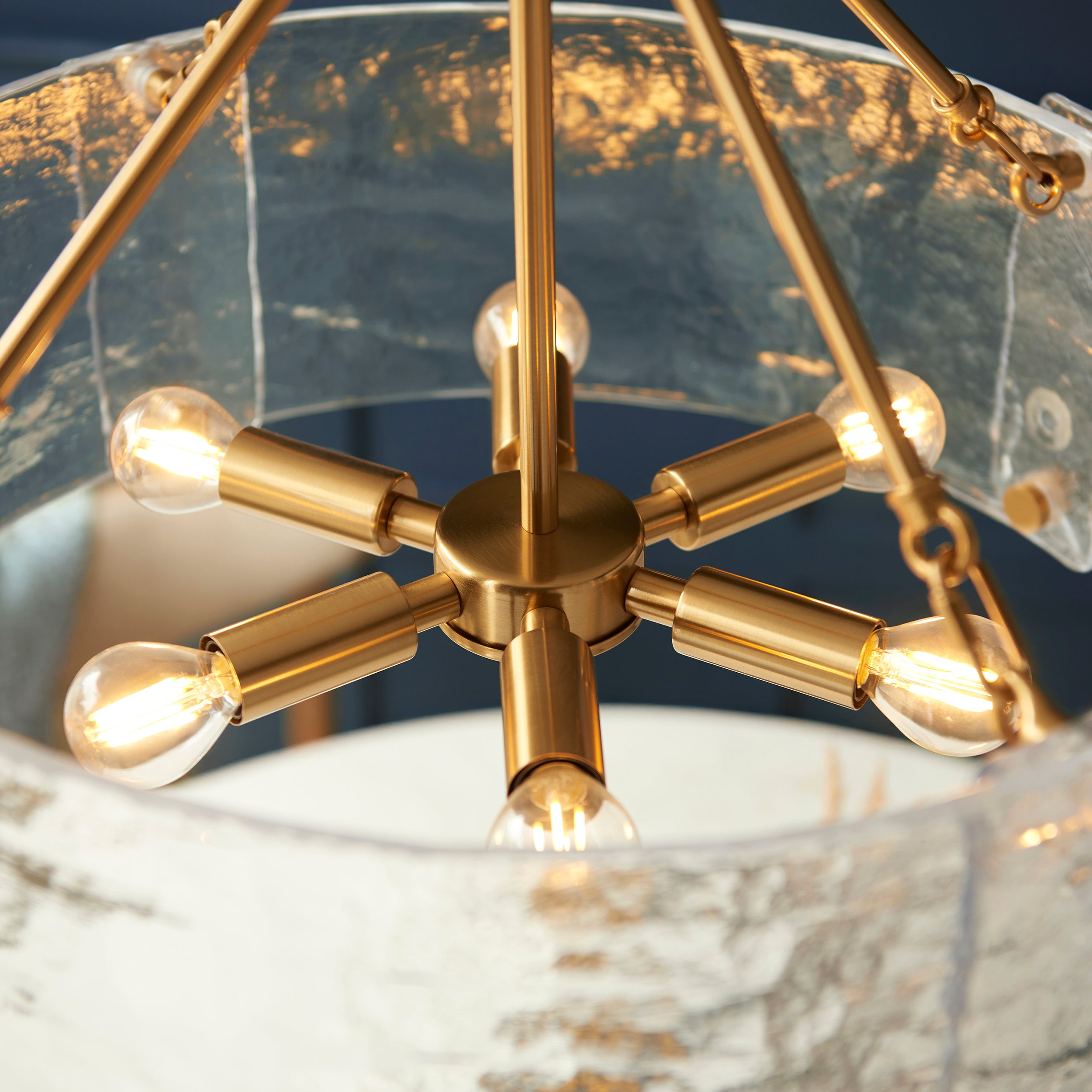 Endon Keller 6 Light Pendant - Brushed Aged Brass Plate & Handmade Textured Clear Glass