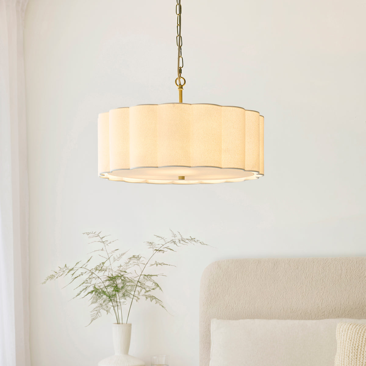 Endon Serene 3 Light Pendant - Brushed Aged Brass Plate & Vintage White Cotton
