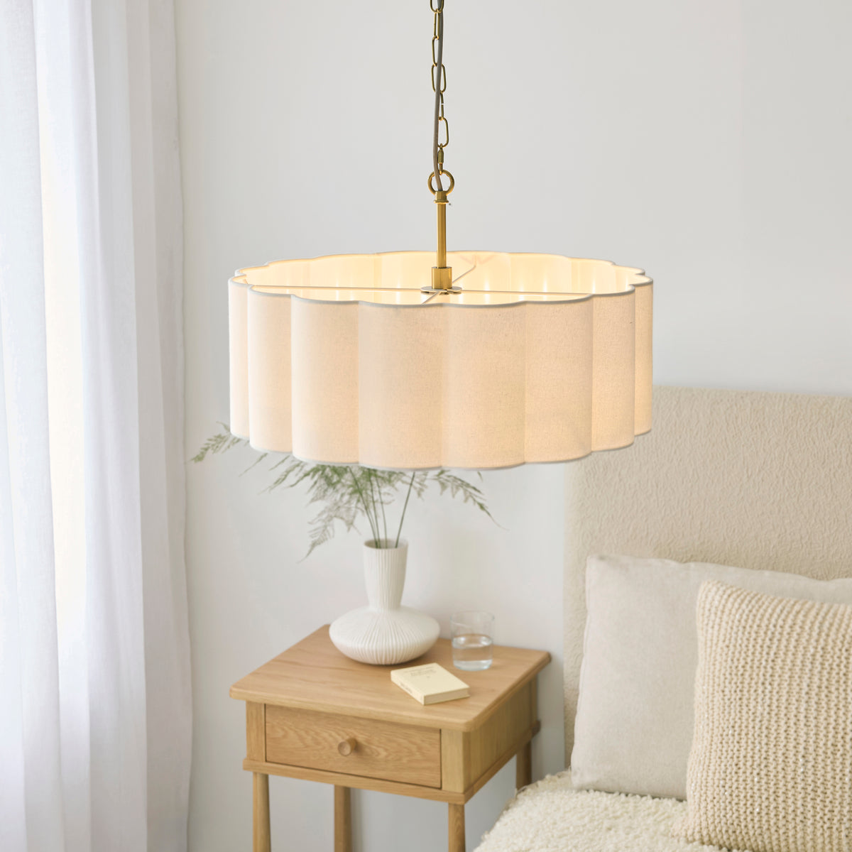 Endon Serene 3 Light Pendant - Brushed Aged Brass Plate & Vintage White Cotton