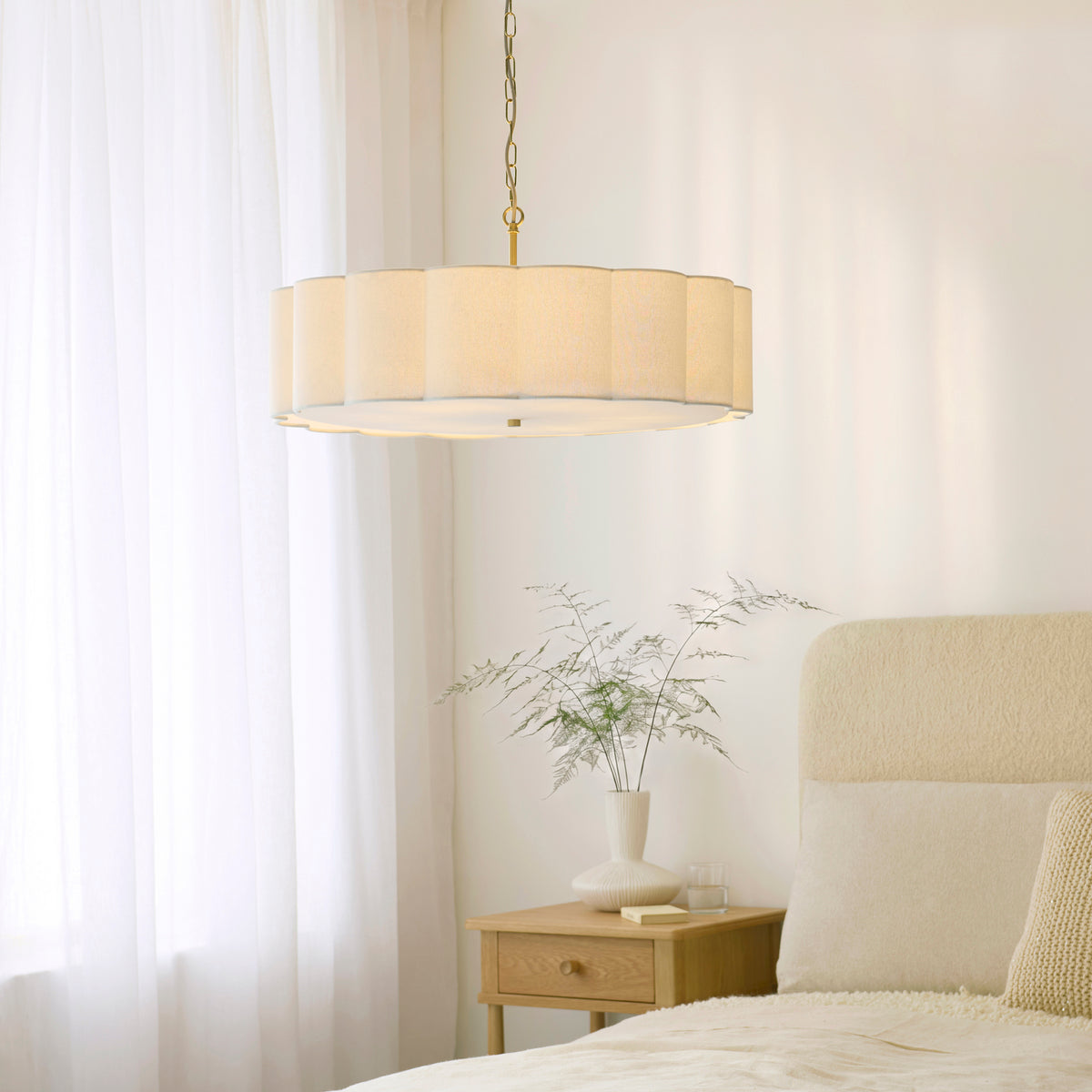 Endon Serene 6 Light Pendant - Brushed Aged Brass Plate & Vintage White Cotton