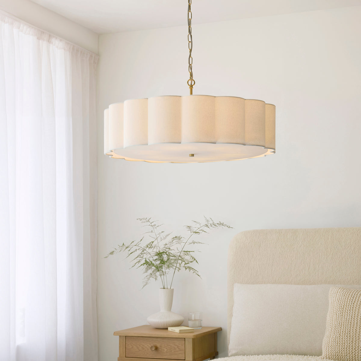 Endon Serene 6 Light Pendant - Brushed Aged Brass Plate & Vintage White Cotton