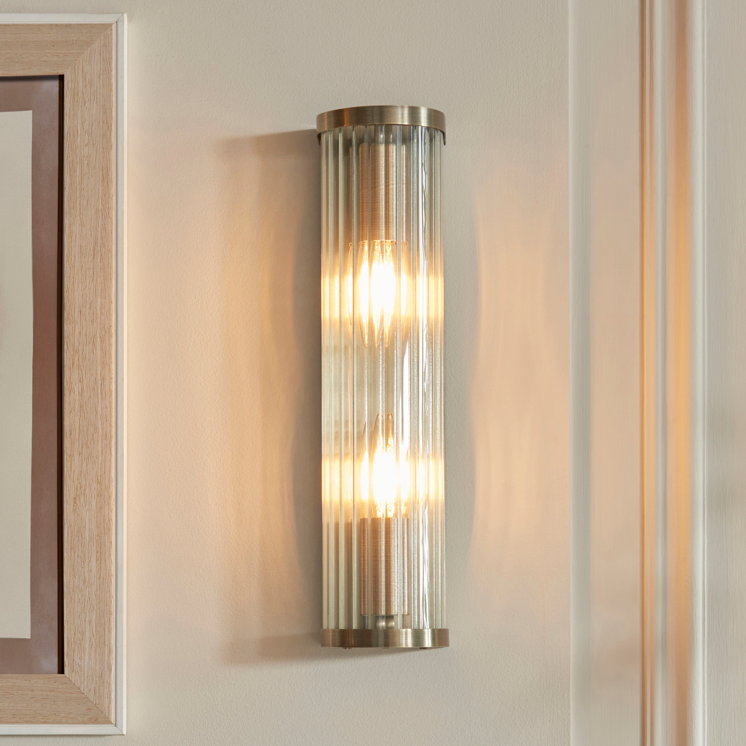 Endon Ridgeton 2 Light Wall Light - Antique Brass Plate & Clear Ribbed Glass