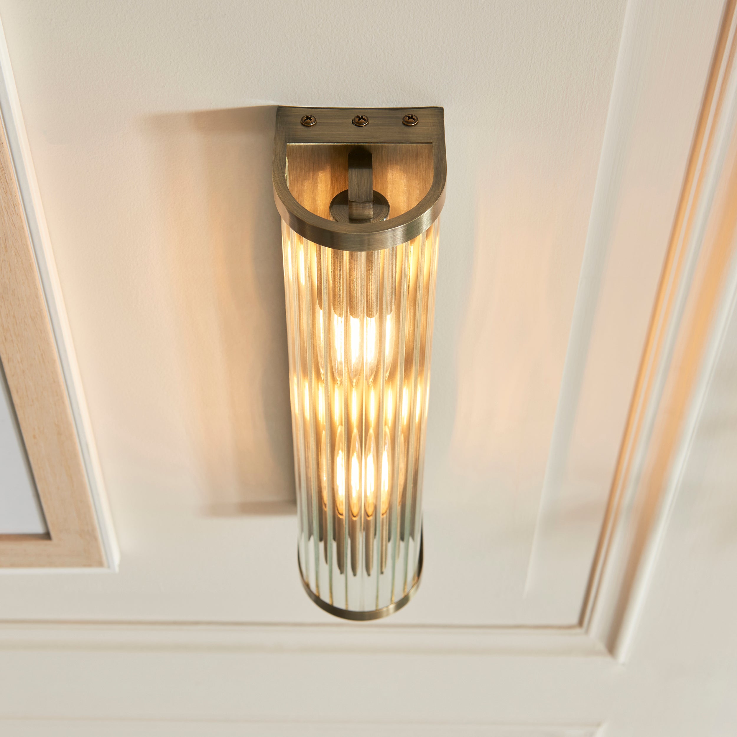 Endon Ridgeton 2 Light Wall Light - Antique Brass Plate & Clear Ribbed Glass