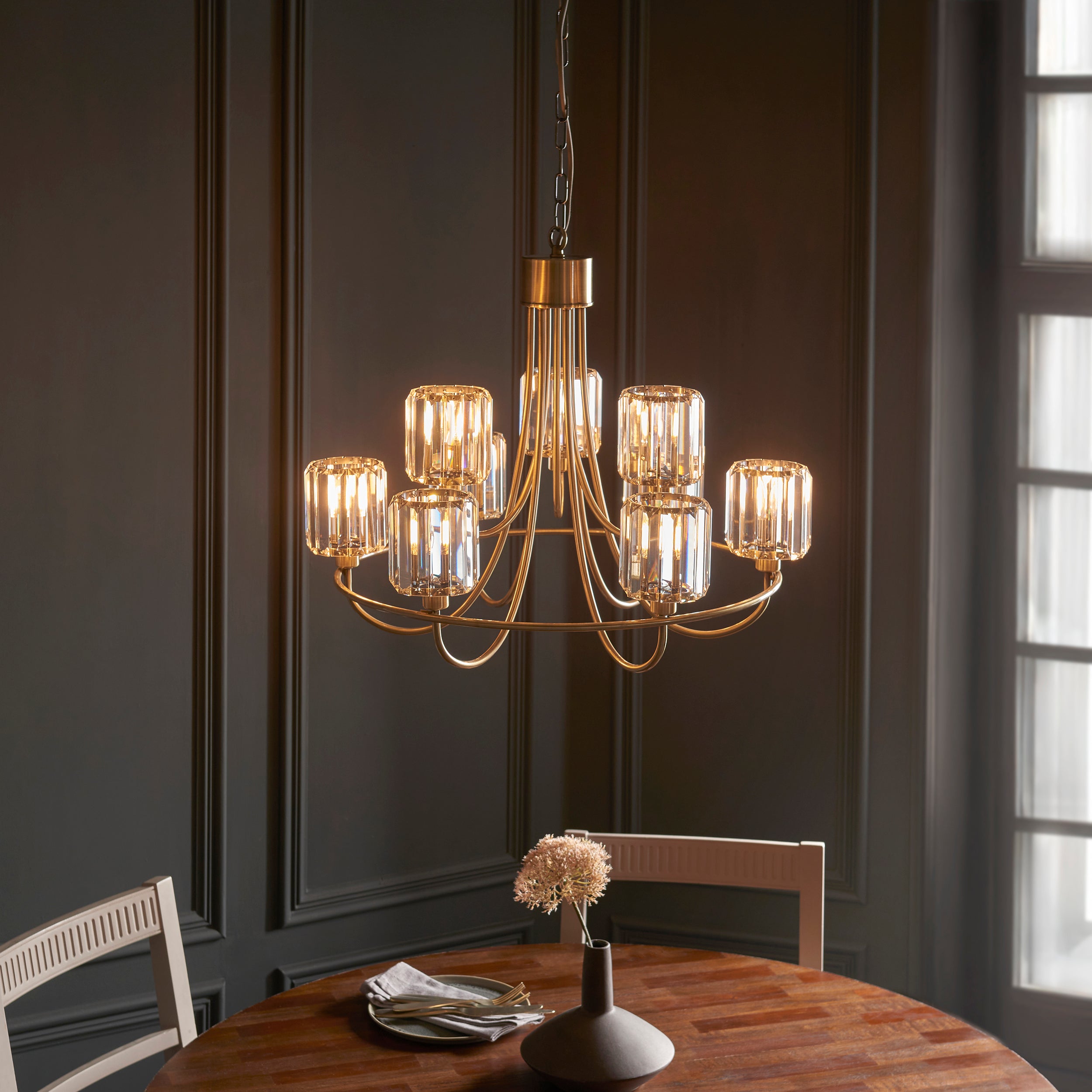 Endon Berenice 9 Light Tiered Pendant - Antique Brass Plate & Clear Glass