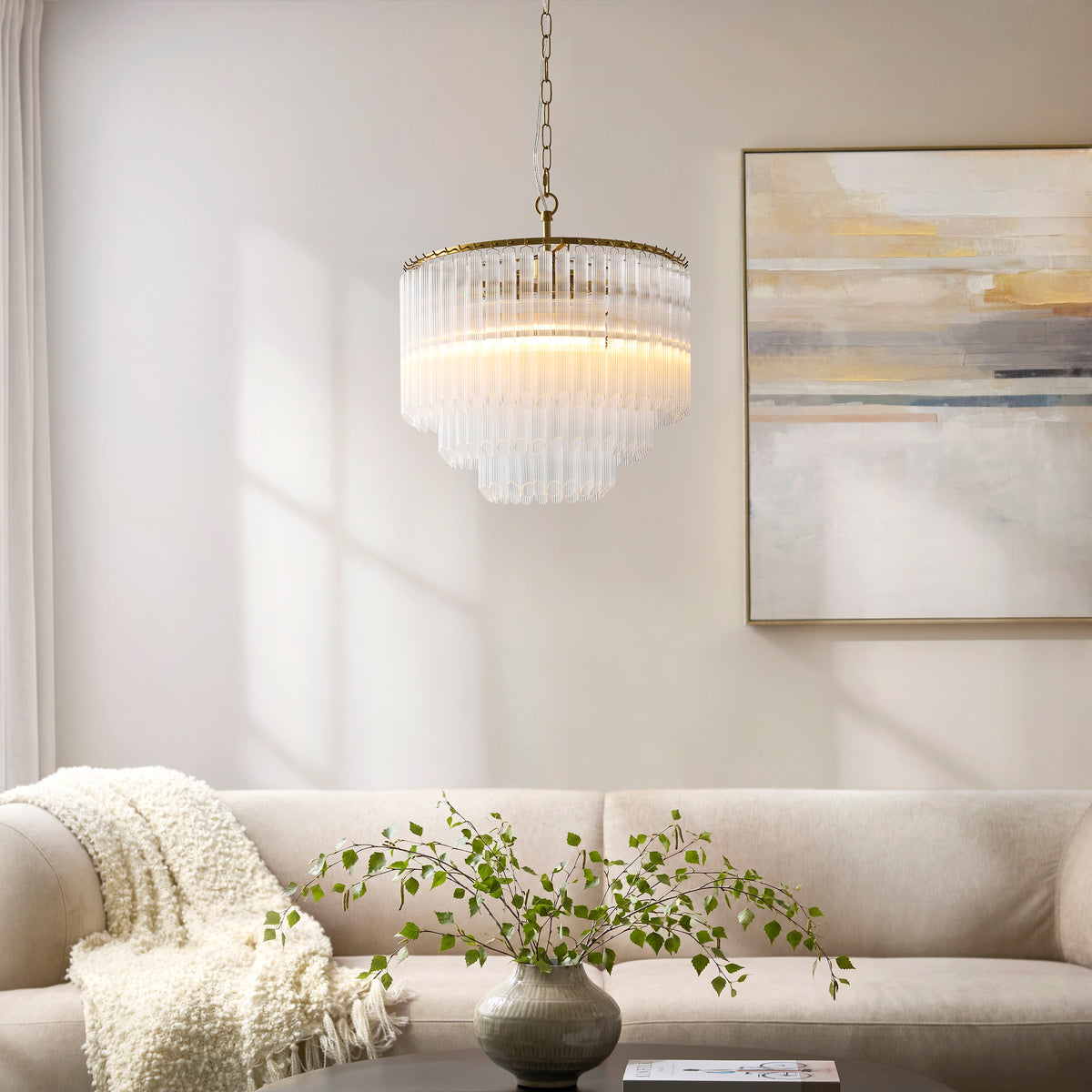 Endon Montpellier 3 Light Pendant - Brushed Aged Brass Plate & Clear Ribbed Glass
