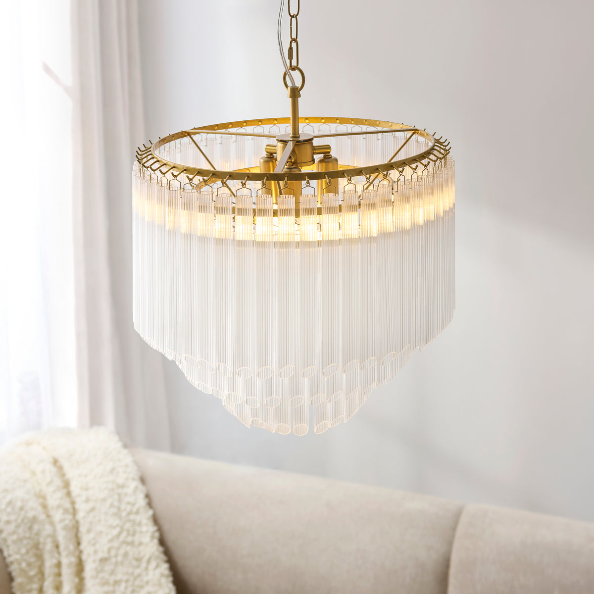 Endon Montpellier 3 Light Pendant - Brushed Aged Brass Plate & Clear Ribbed Glass
