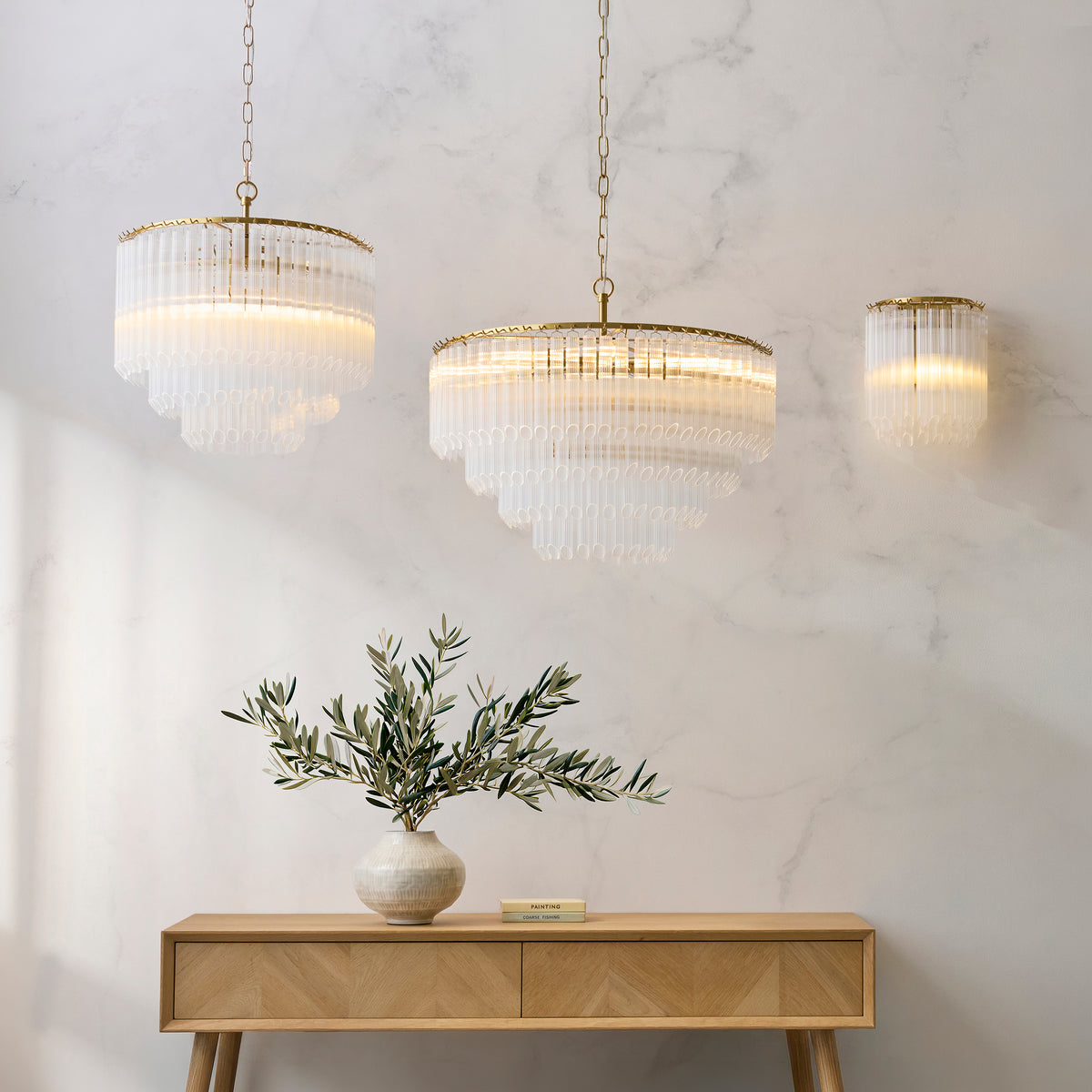 Endon Montpellier 3 Light Pendant - Brushed Aged Brass Plate & Clear Ribbed Glass