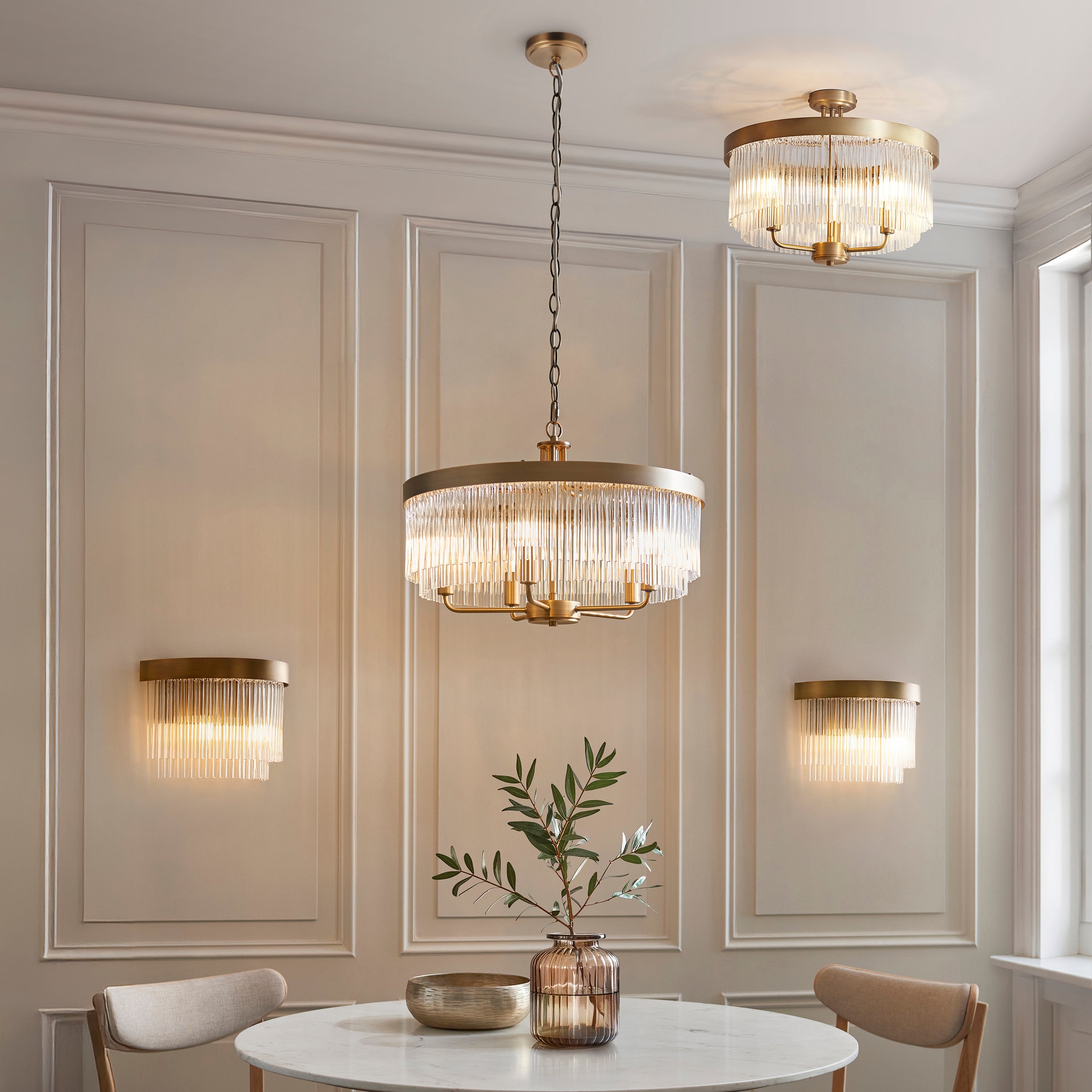 Endon Clermont 3 Light Semi Flush - Warm Antique Brass Plate & Clear Glass