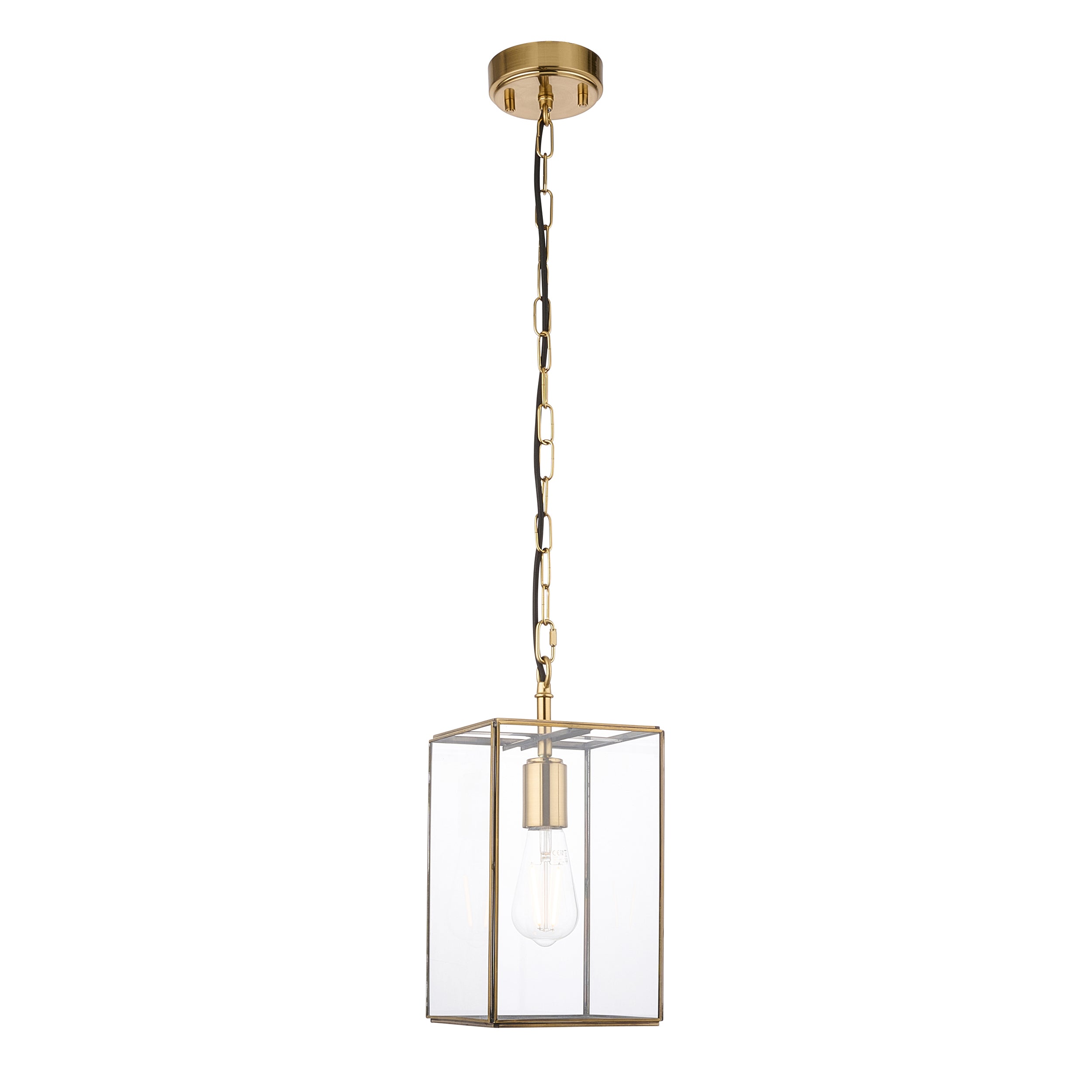 Endon Hammond Single Light Pendant - Antique Solid Brass, Brushed Aged Brass Plate & Clear Glass