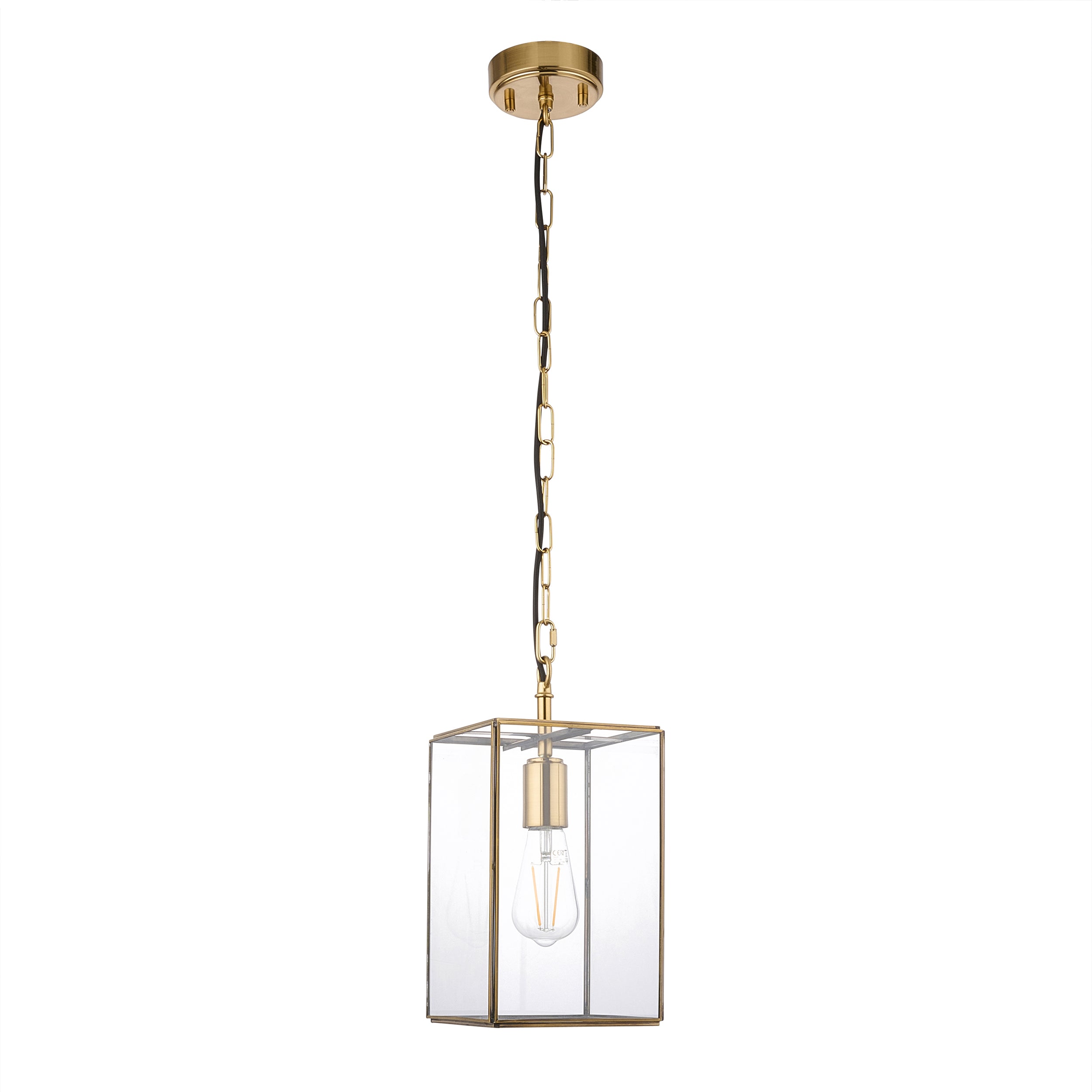 Endon Hammond Single Light Pendant - Antique Solid Brass, Brushed Aged Brass Plate & Clear Glass