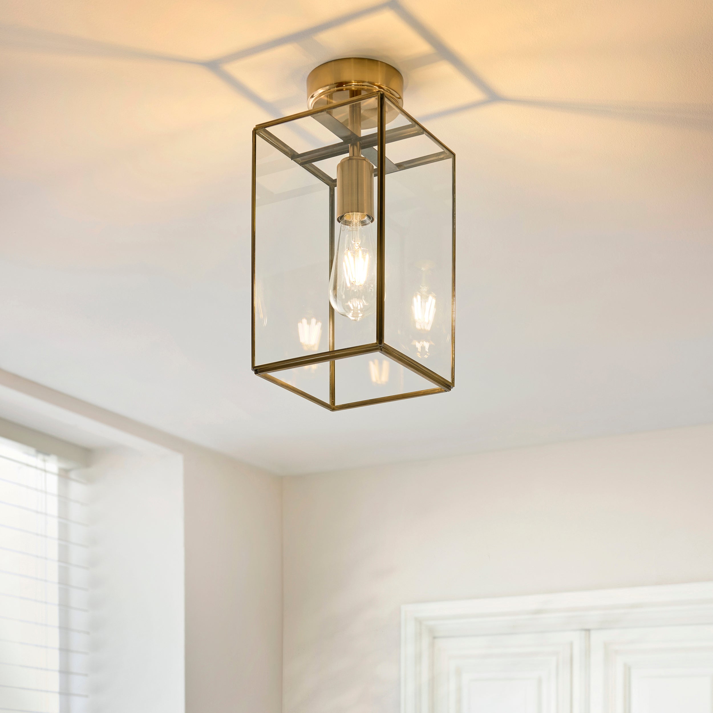Endon Hammond Flush Ceiling Light - Antique Solid Brass, Brushed Aged Brass Plate & Clear Glass