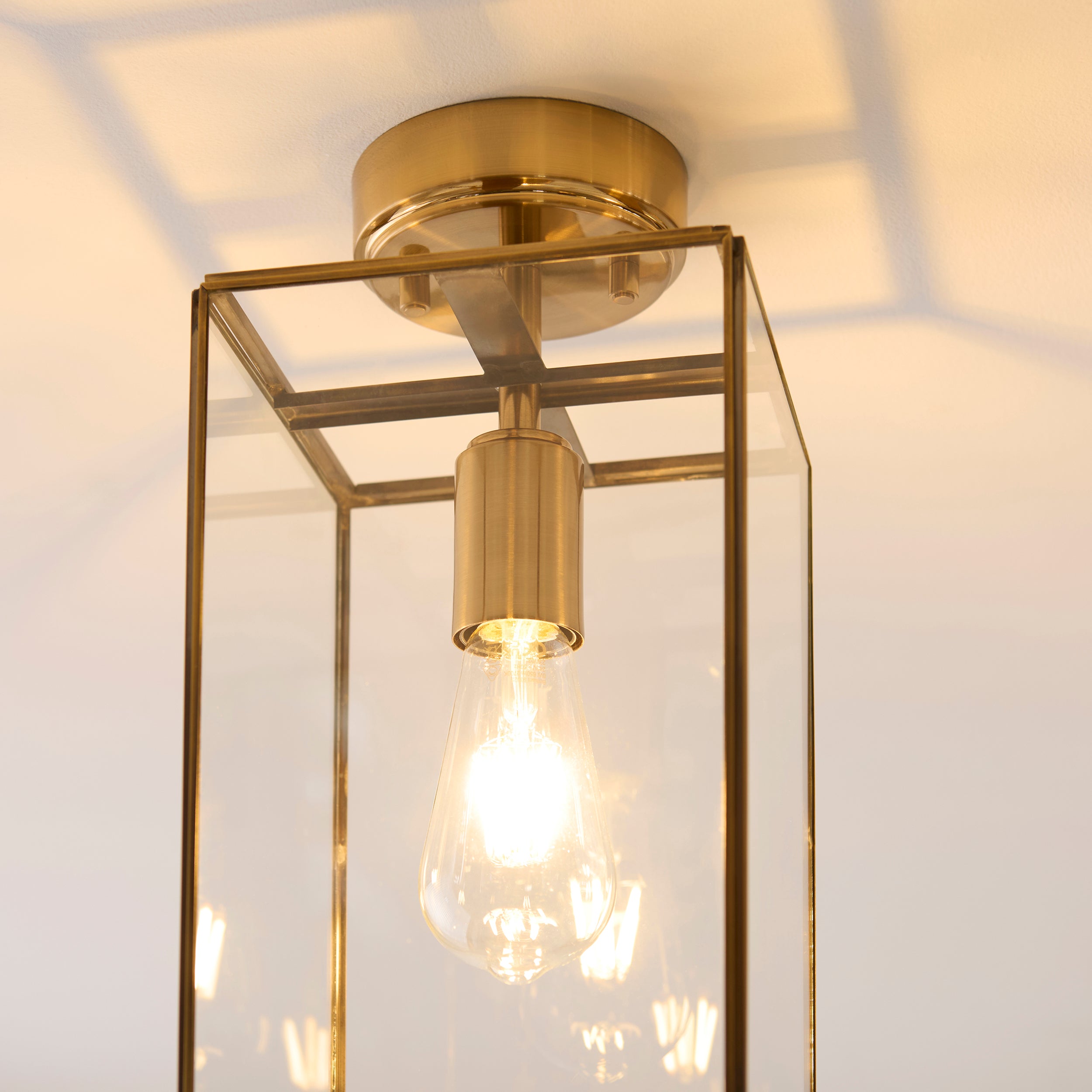 Endon Hammond Flush Ceiling Light - Antique Solid Brass, Brushed Aged Brass Plate & Clear Glass