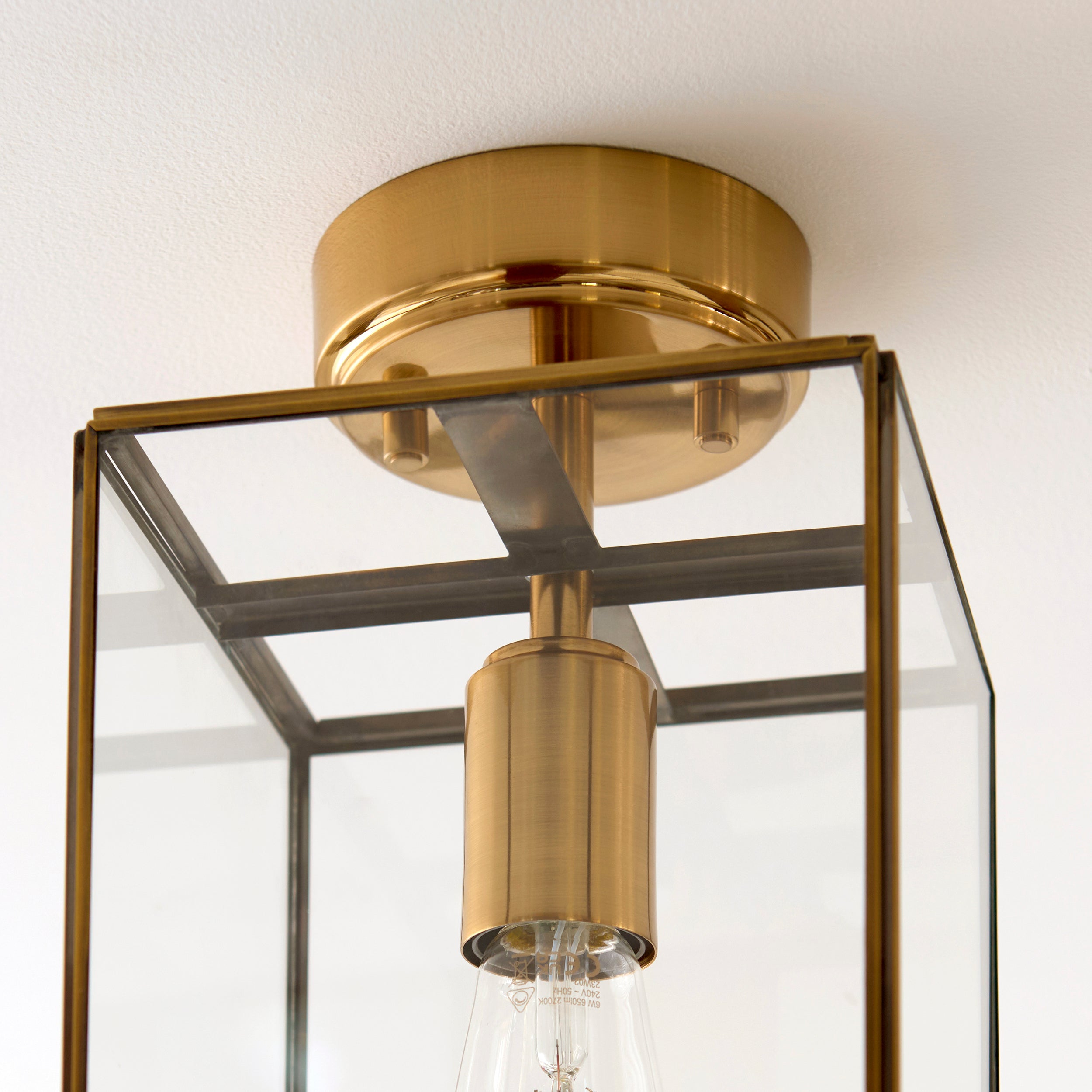 Endon Hammond Flush Ceiling Light - Antique Solid Brass, Brushed Aged Brass Plate & Clear Glass