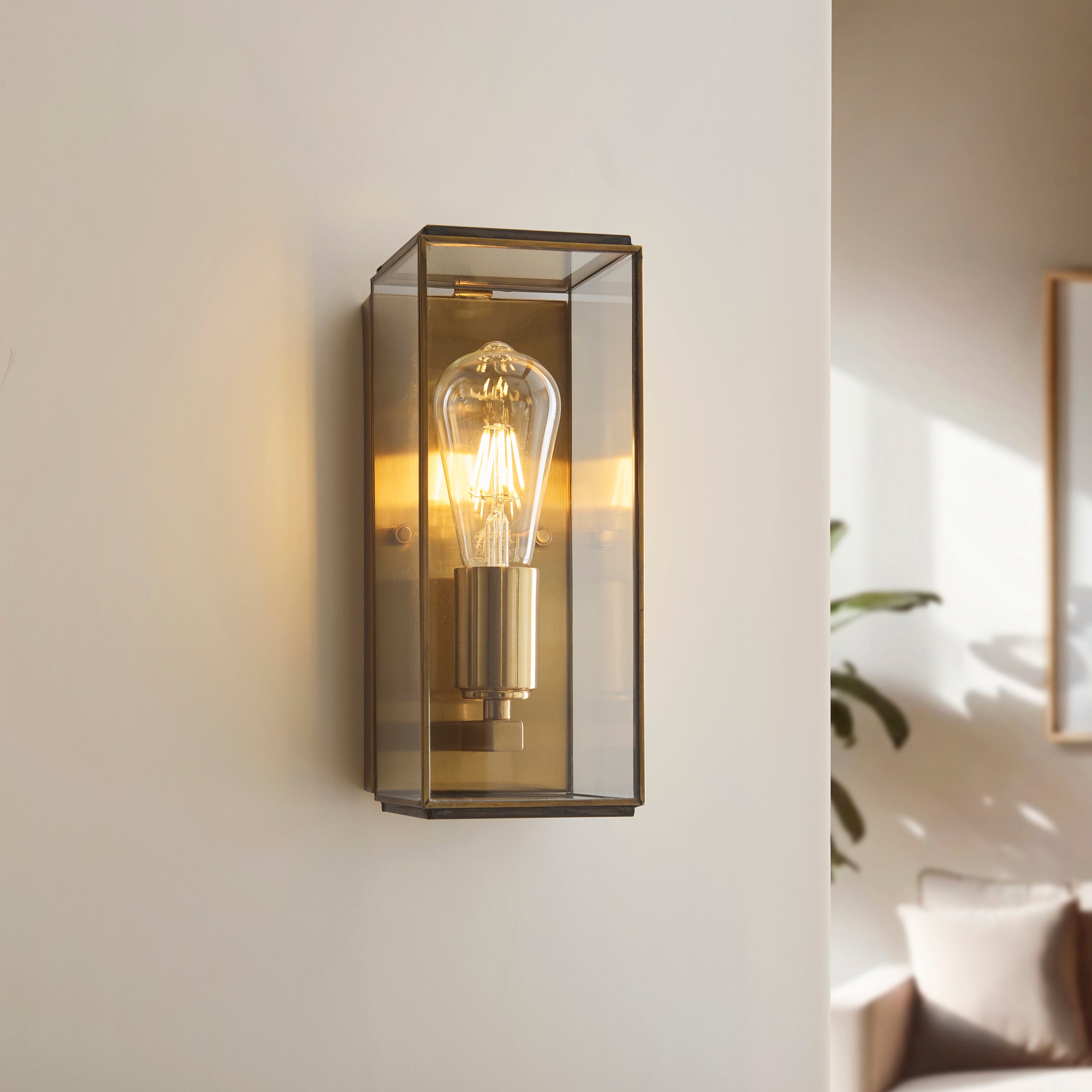 Endon Hammond Wall Light - Antique Solid Brass, Brushed Aged Brass Plate & Clear Glass