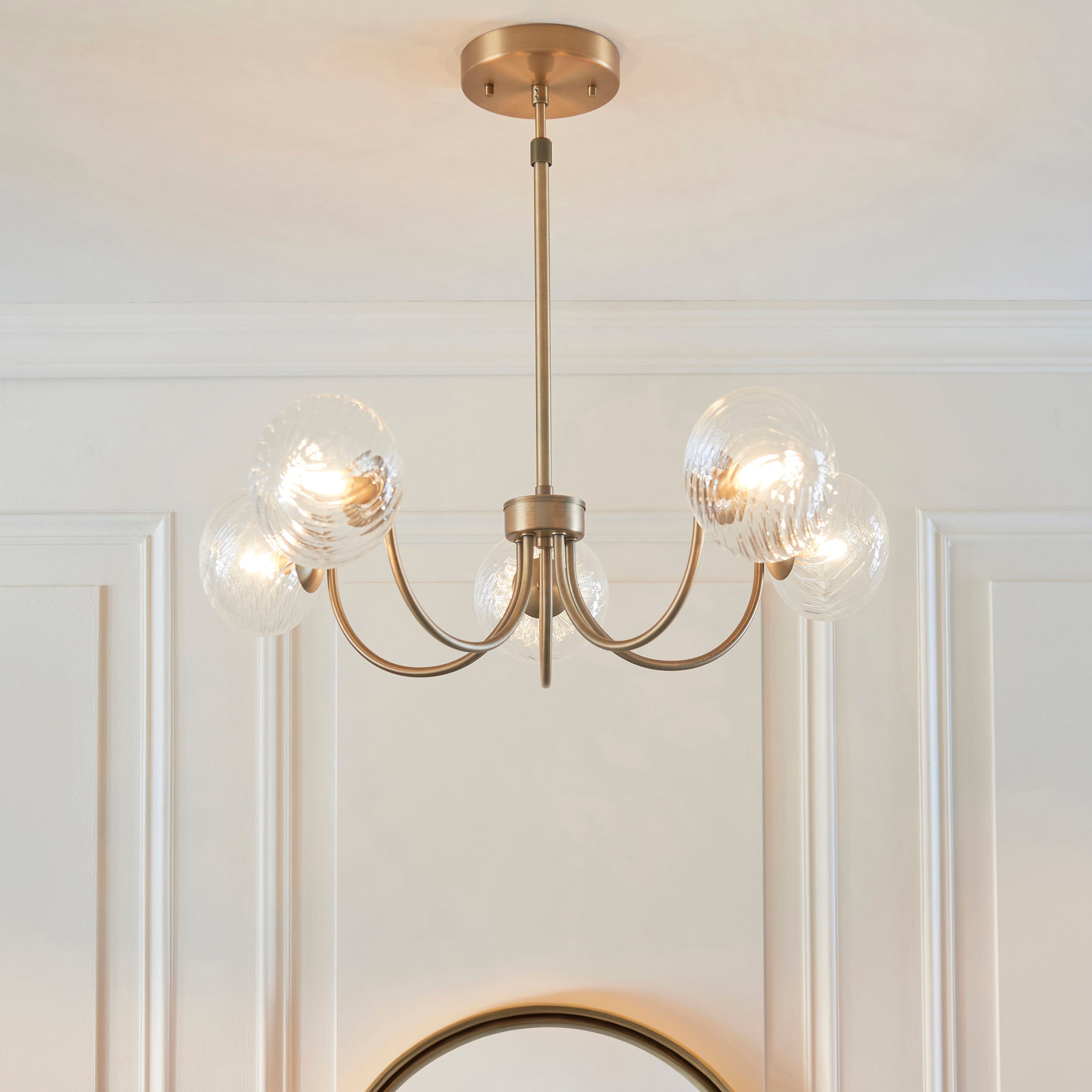 Endon Hague 5 Light Pendant - Warm Antique Brass Plate & Clear Spiral Glass
