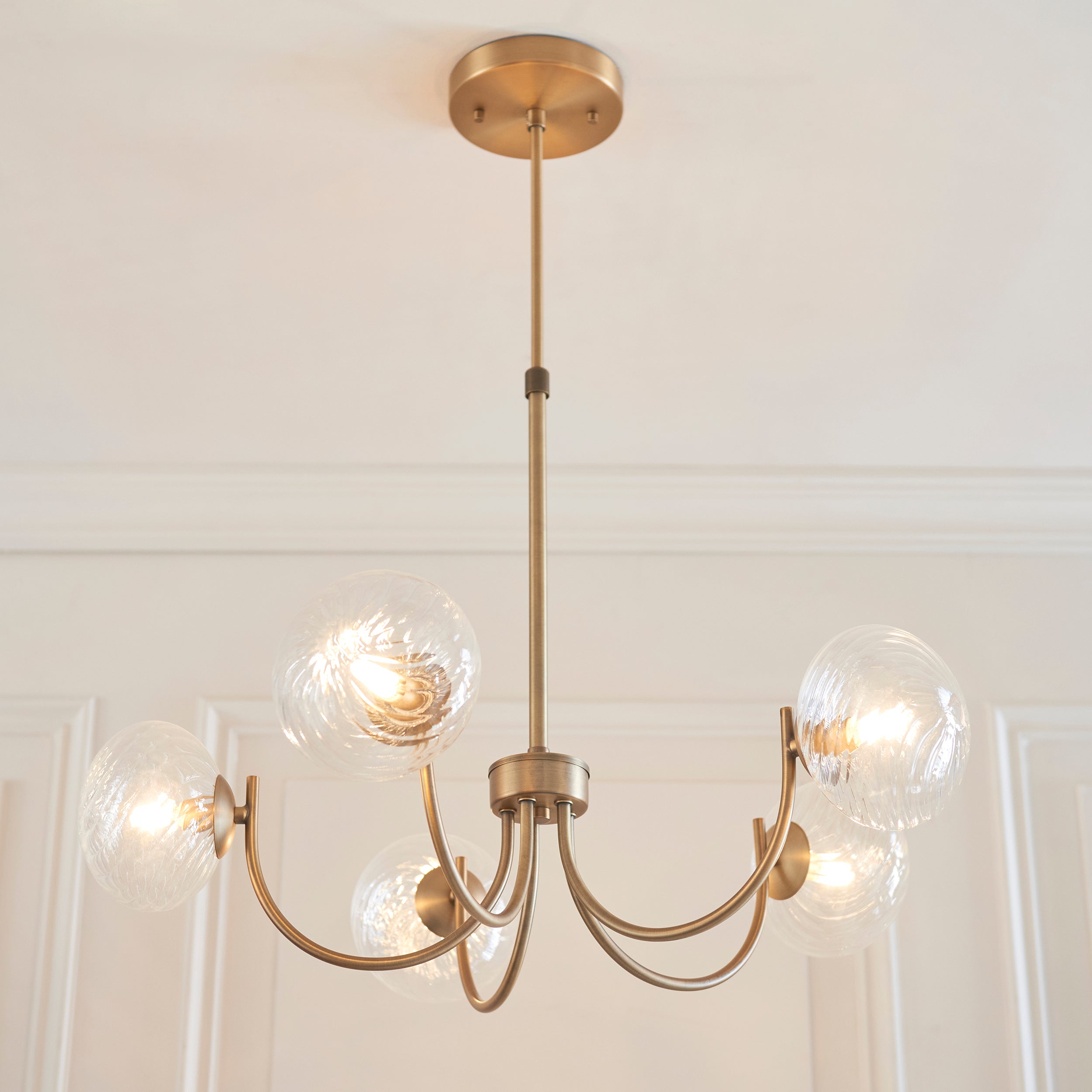 Endon Hague 5 Light Pendant - Warm Antique Brass Plate & Clear Spiral Glass