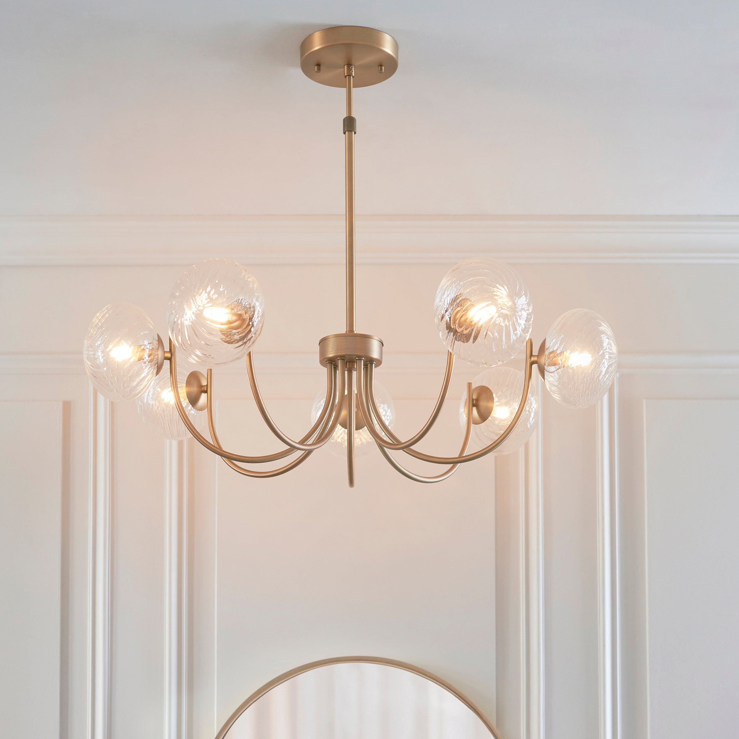 Endon Hague 7 Light Pendant - Warm Antique Brass Plate & Clear Spiral Glass