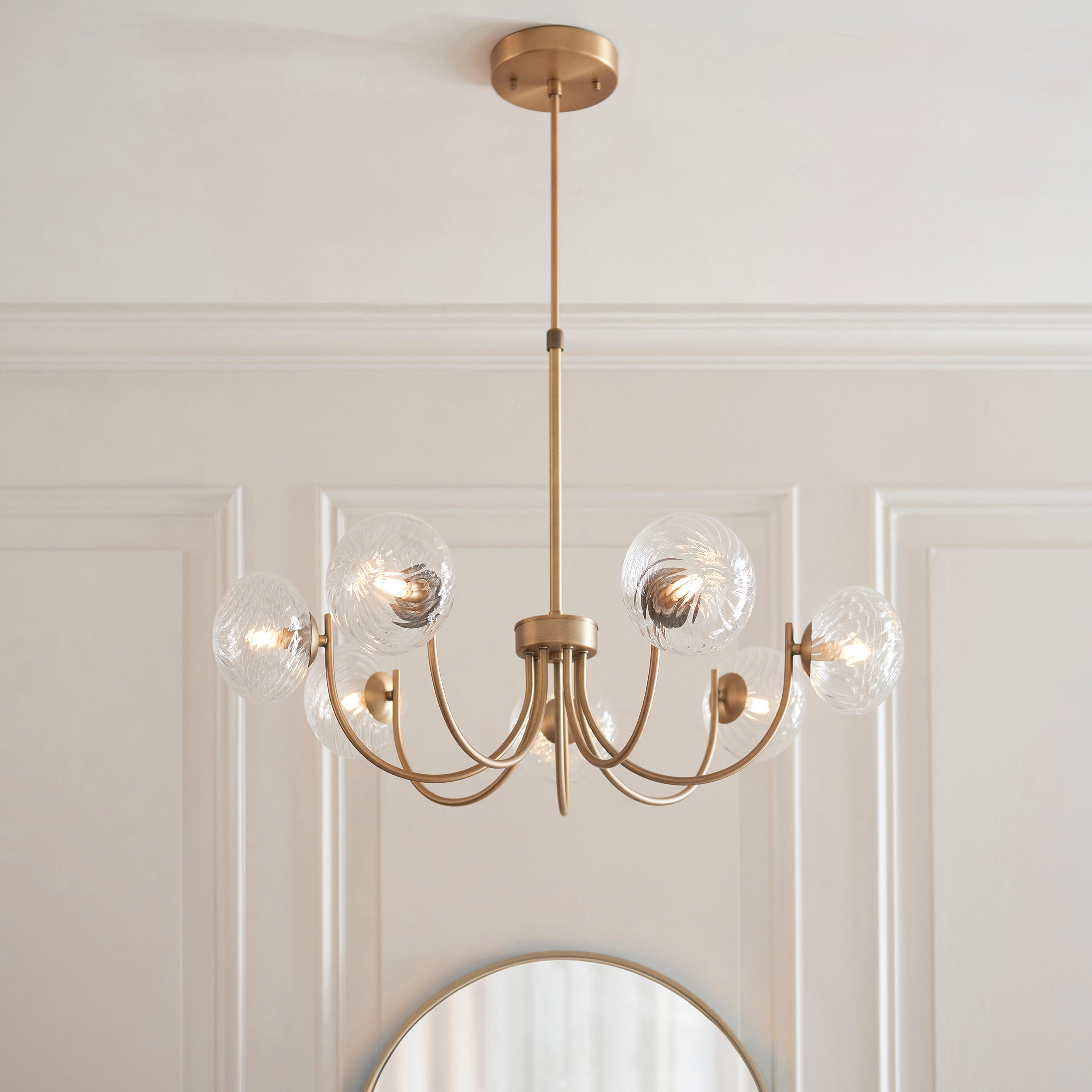 Endon Hague 7 Light Pendant - Warm Antique Brass Plate & Clear Spiral Glass