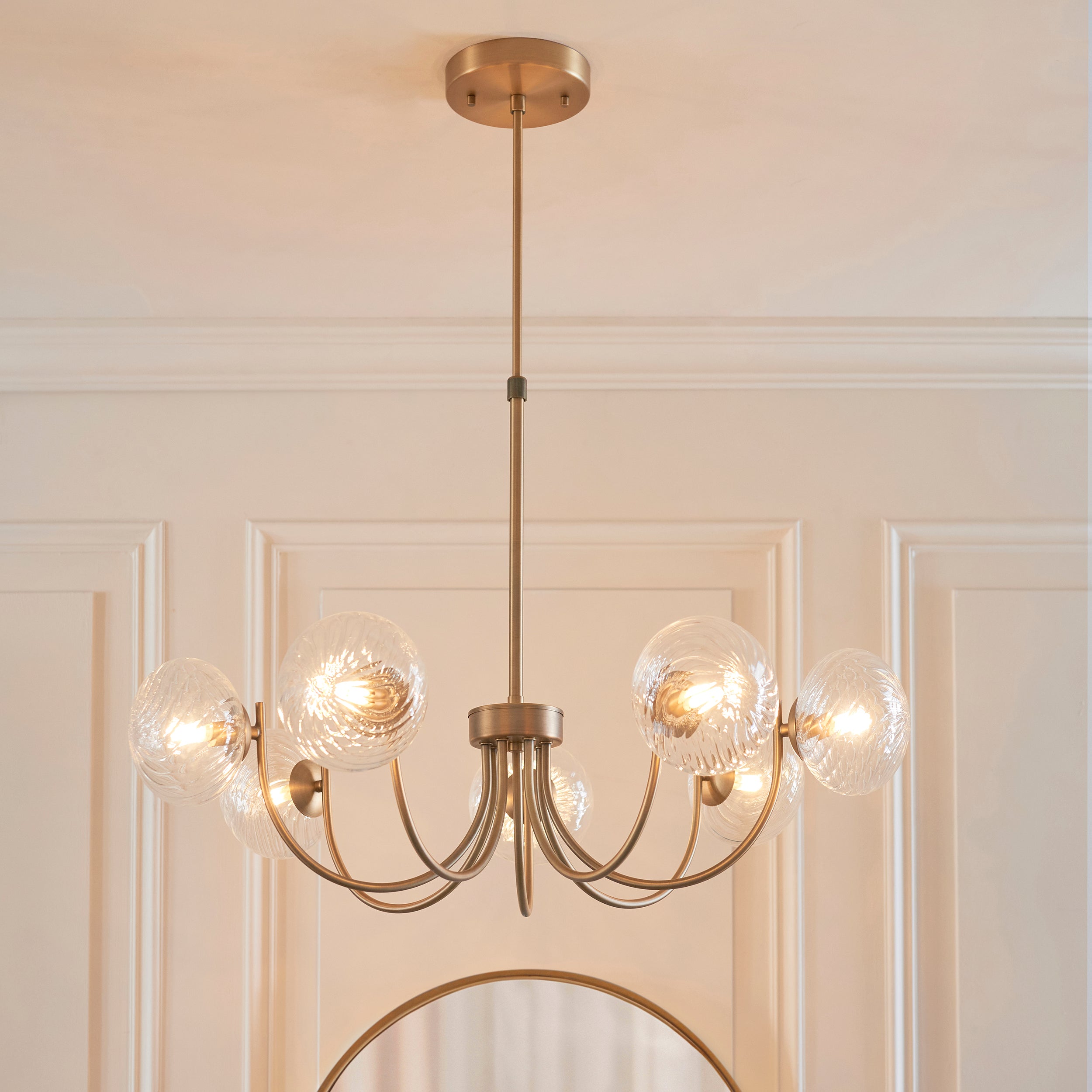 Endon Hague 7 Light Pendant - Warm Antique Brass Plate & Clear Spiral Glass