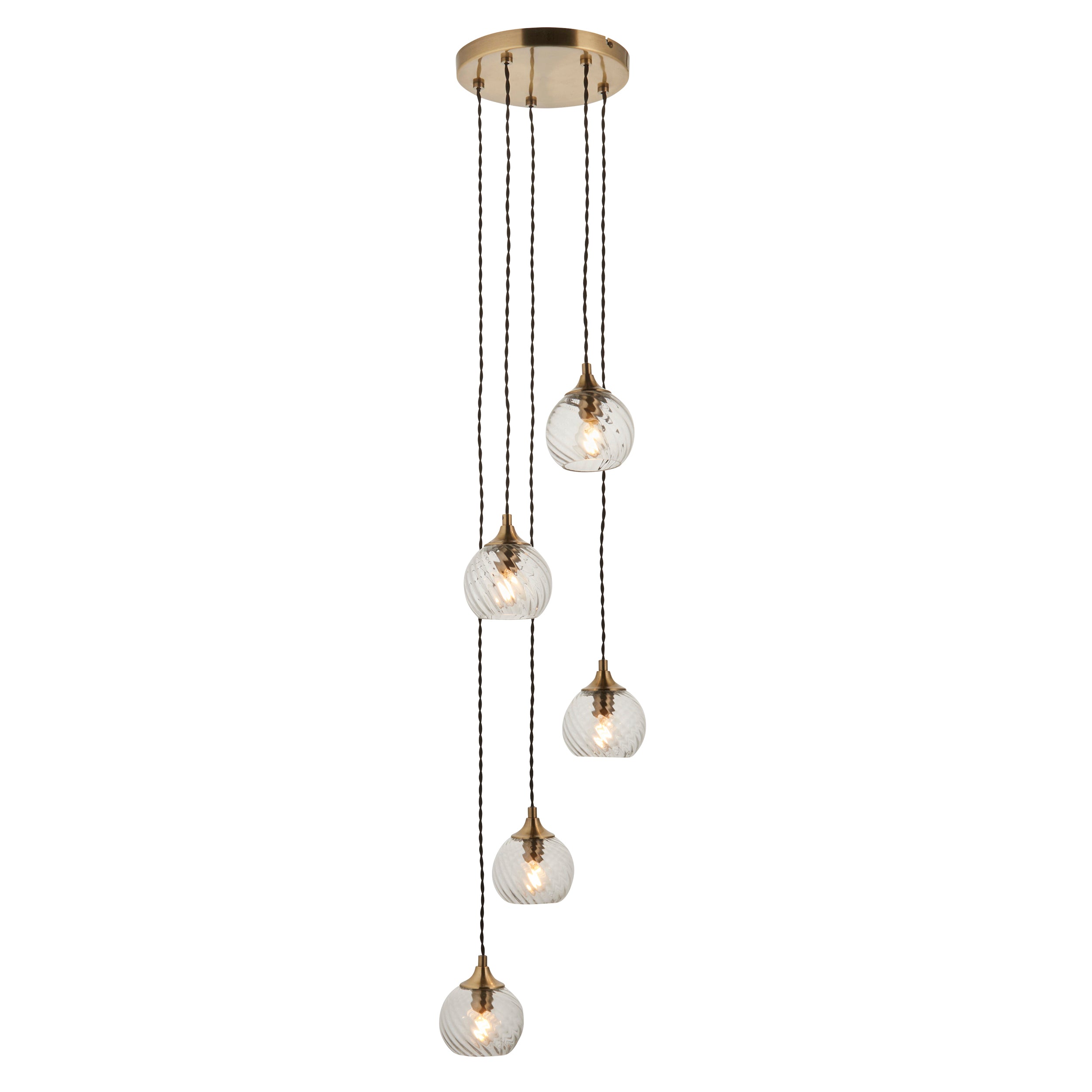 Endon Allegra 5 Light Cascade Pendant - Antique Brass Plate & Clear Spiral Glass