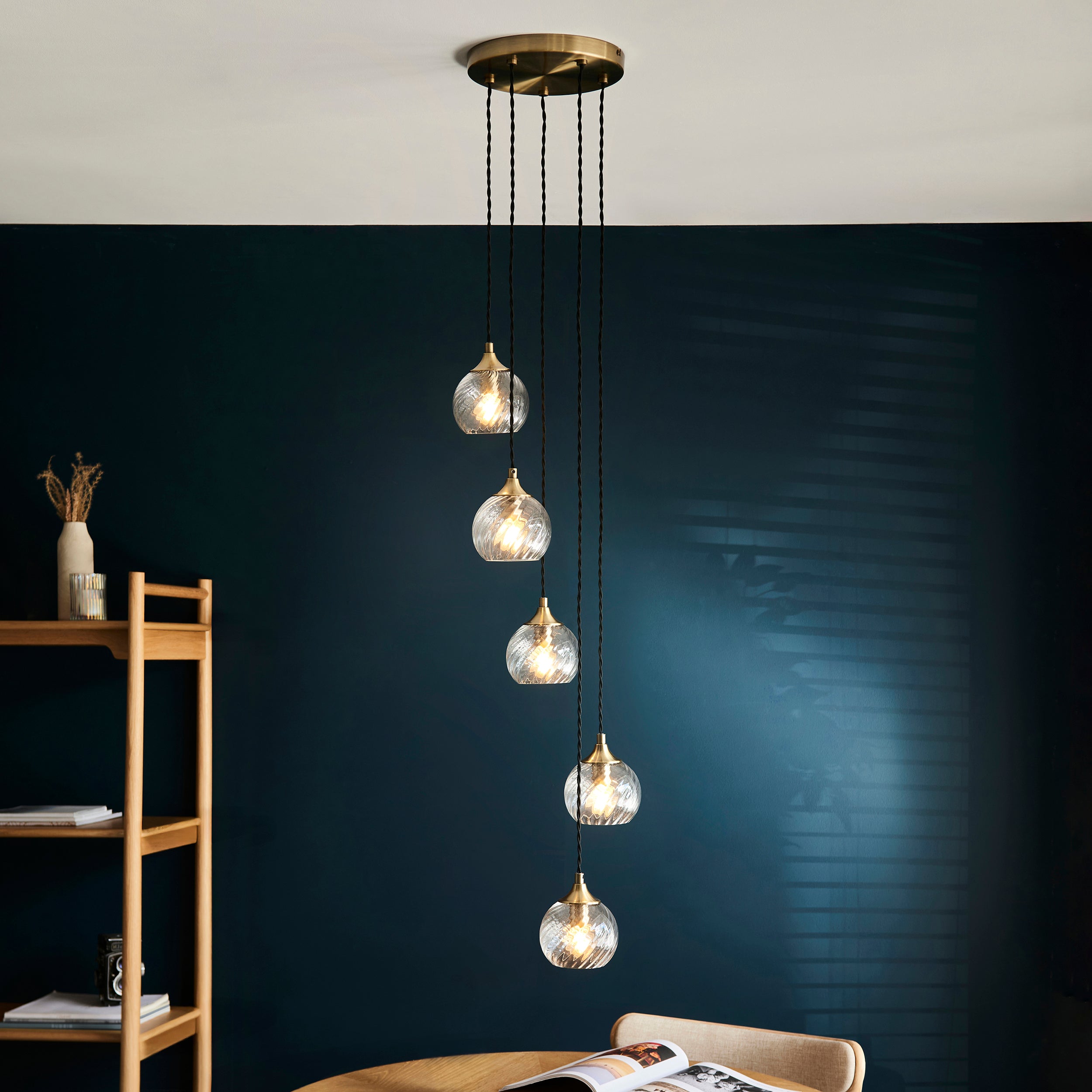 Endon Allegra 5 Light Cascade Pendant - Antique Brass Plate & Clear Spiral Glass