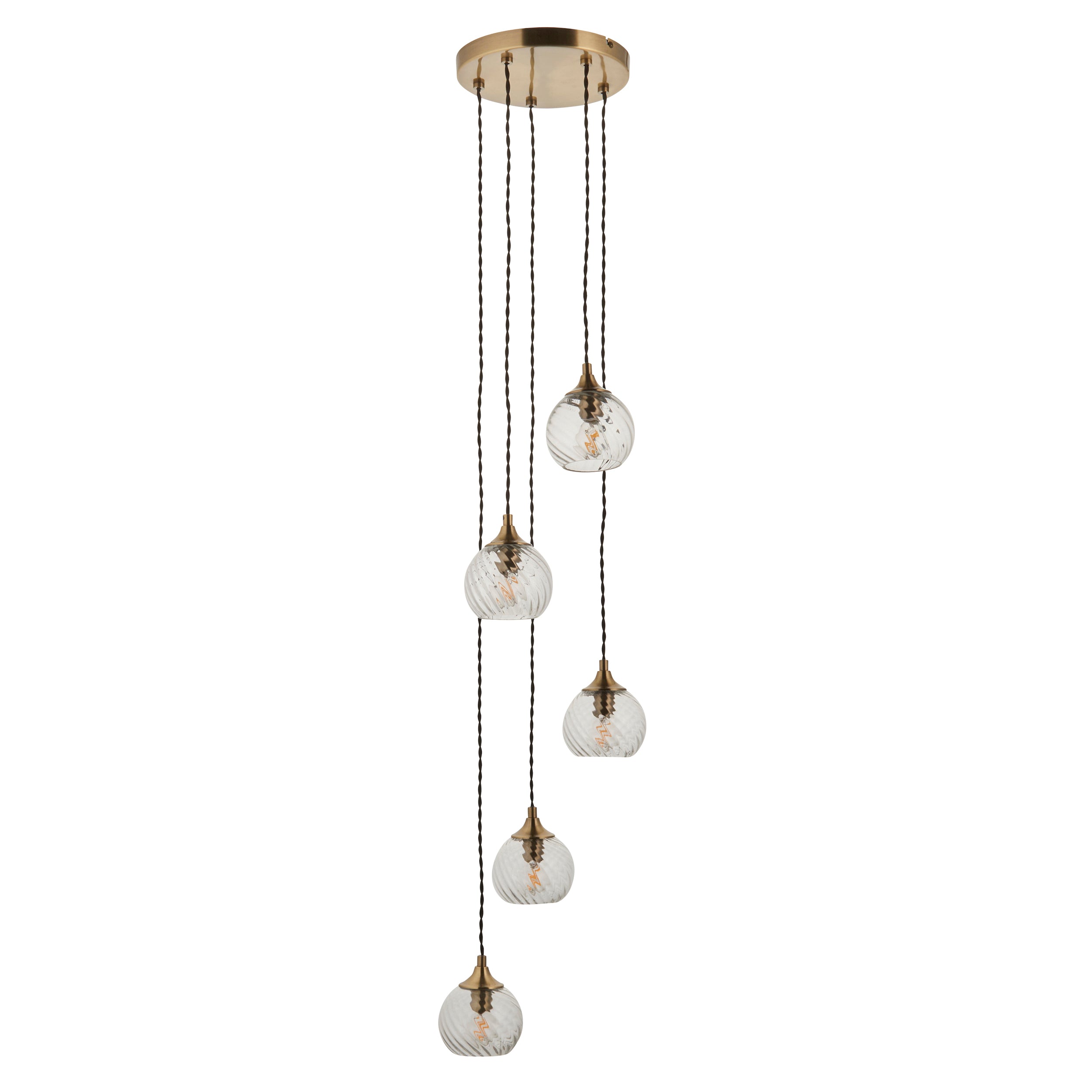Endon Allegra 5 Light Cascade Pendant - Antique Brass Plate & Clear Spiral Glass