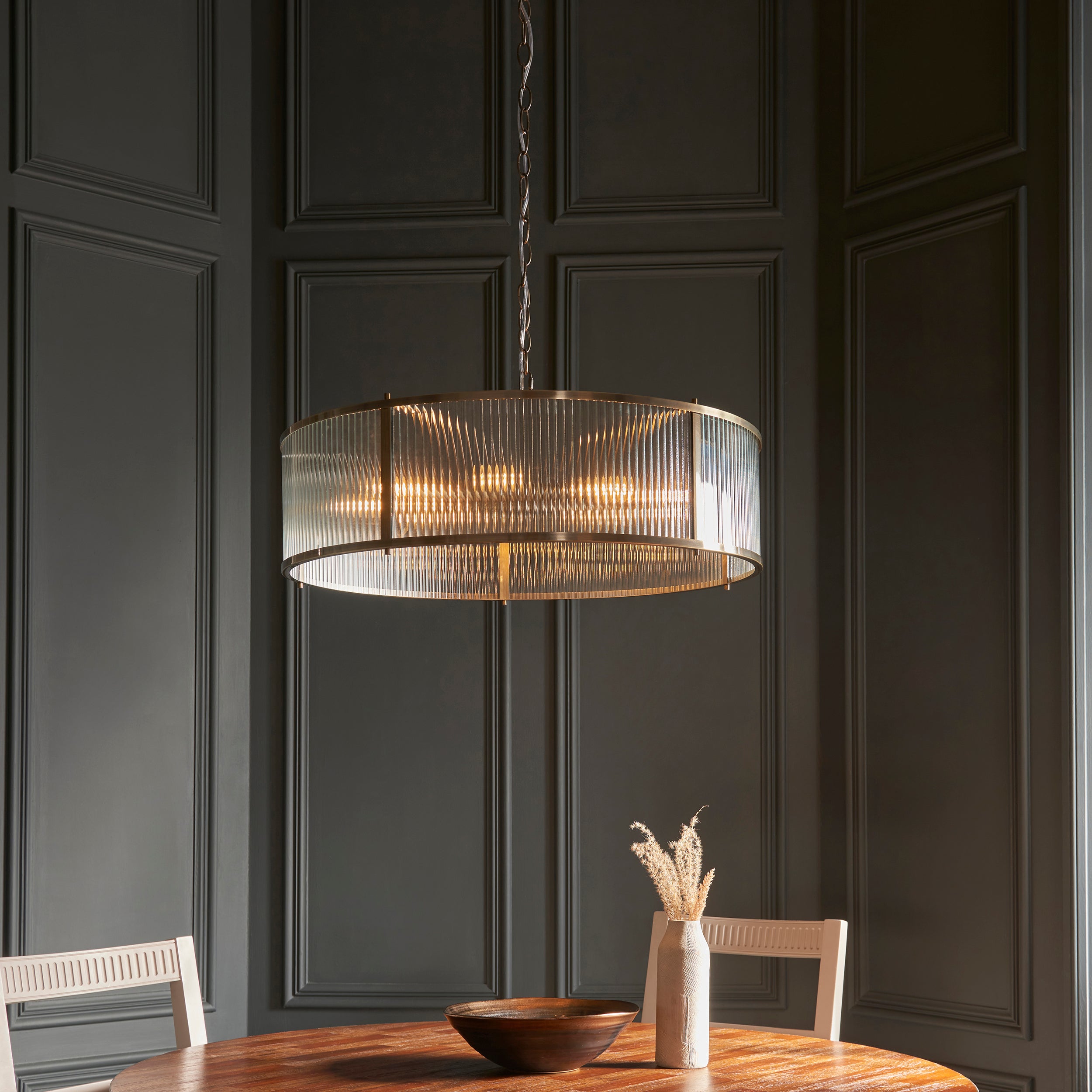 Endon Ridgeton 8 Light Pendant - Antique Brass Plate & Clear Ribbed Glass