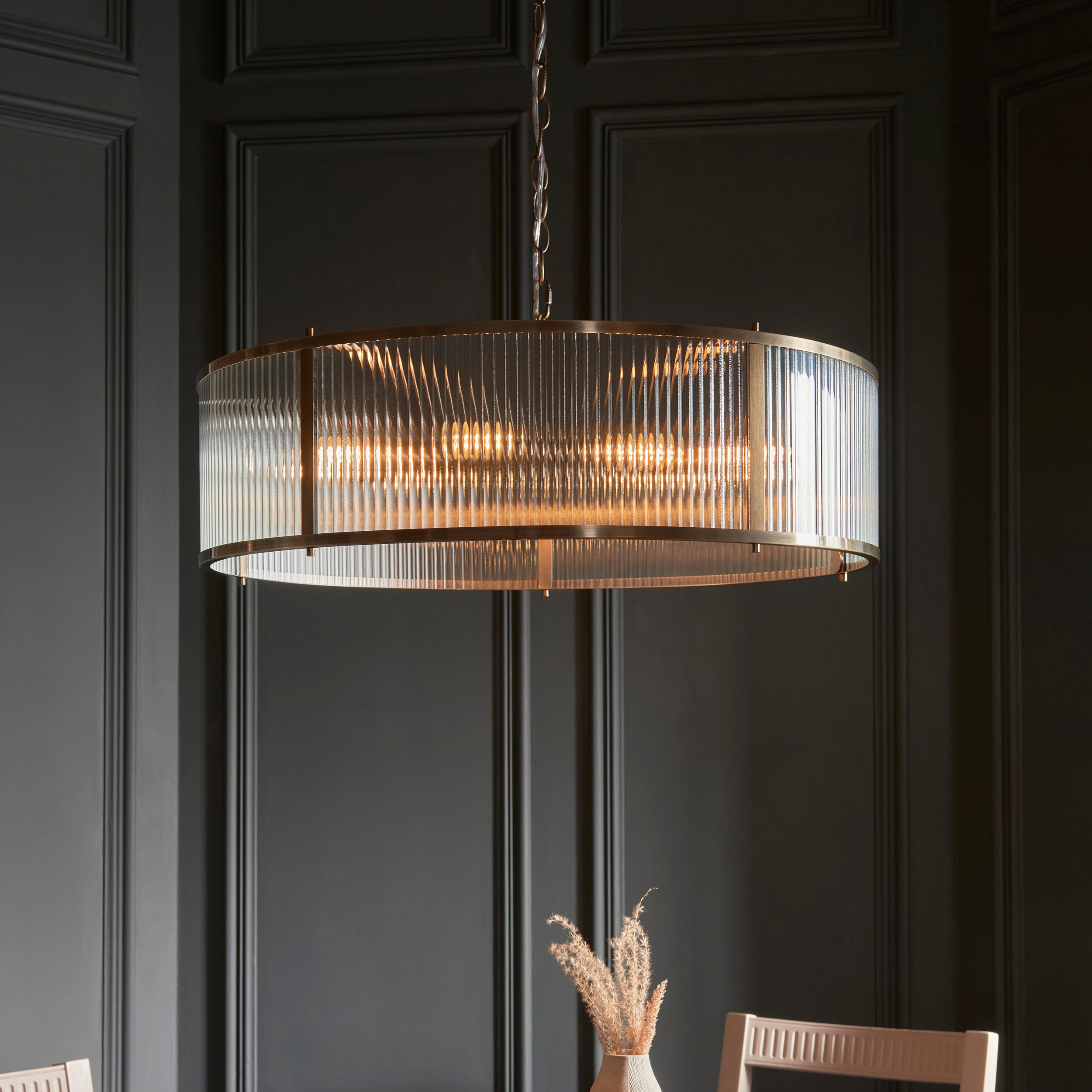 Endon Ridgeton 8 Light Pendant - Antique Brass Plate & Clear Ribbed Glass