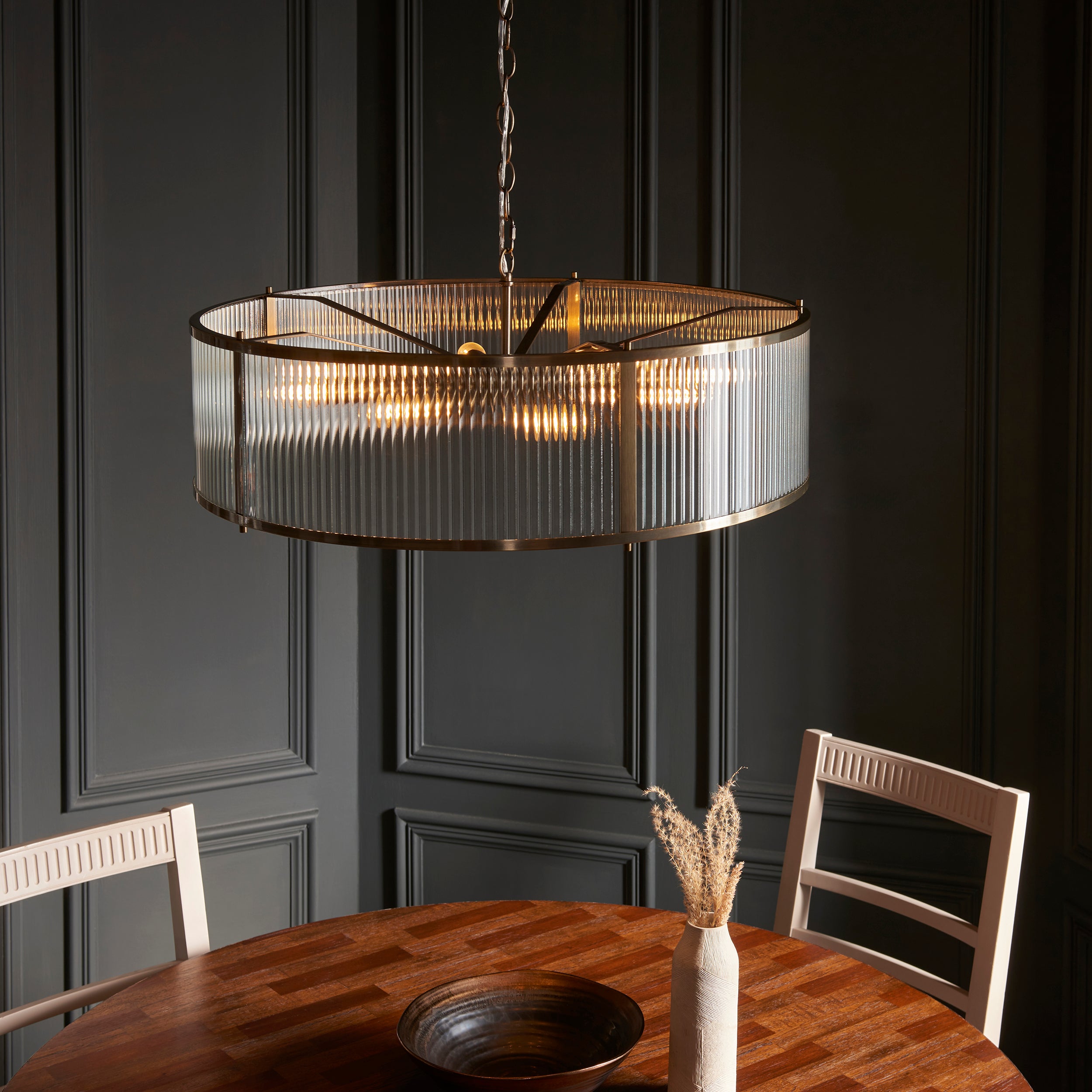 Endon Ridgeton 8 Light Pendant - Antique Brass Plate & Clear Ribbed Glass