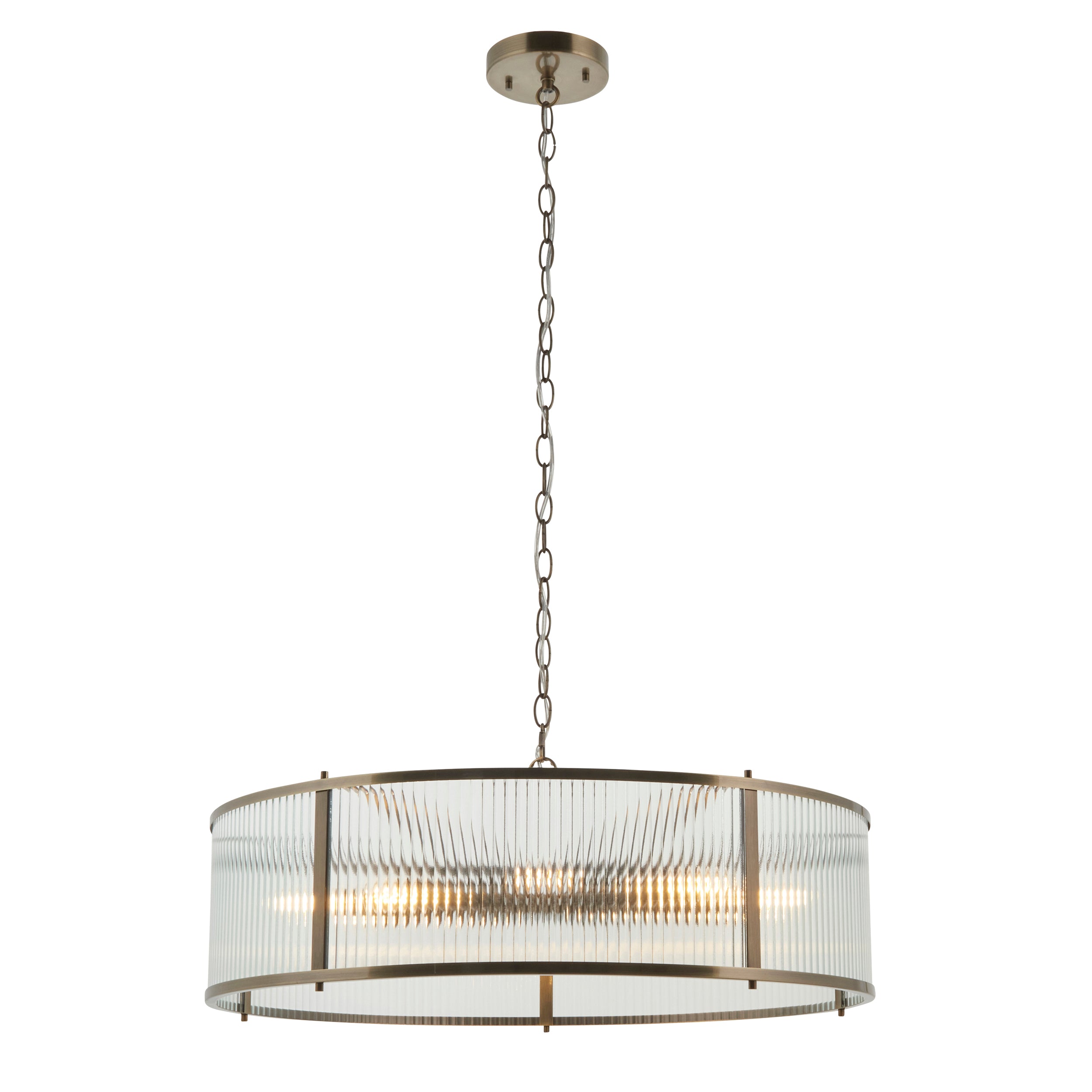 Endon Ridgeton 8 Light Pendant - Antique Brass Plate & Clear Ribbed Glass