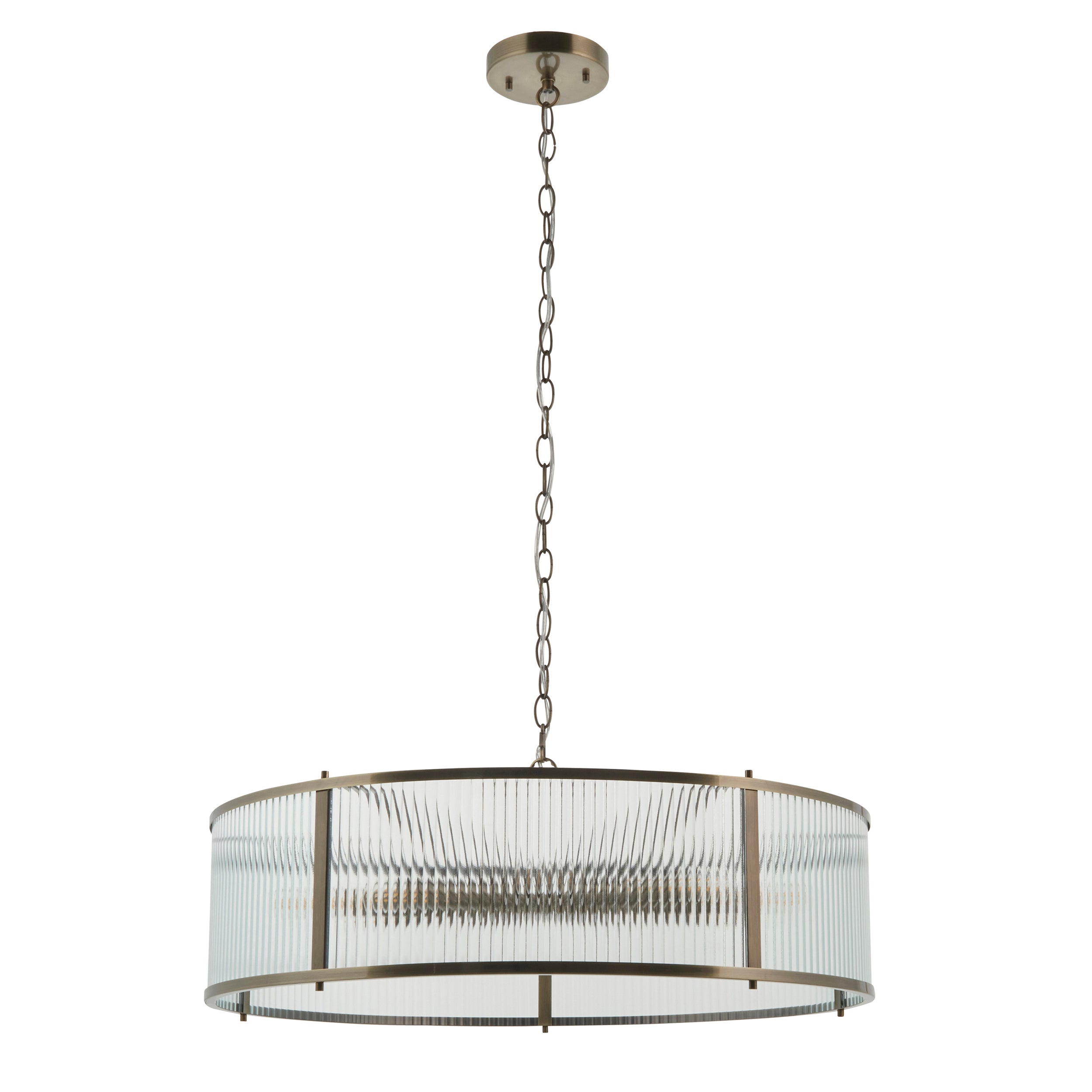 Endon Ridgeton 8 Light Pendant - Antique Brass Plate & Clear Ribbed Glass