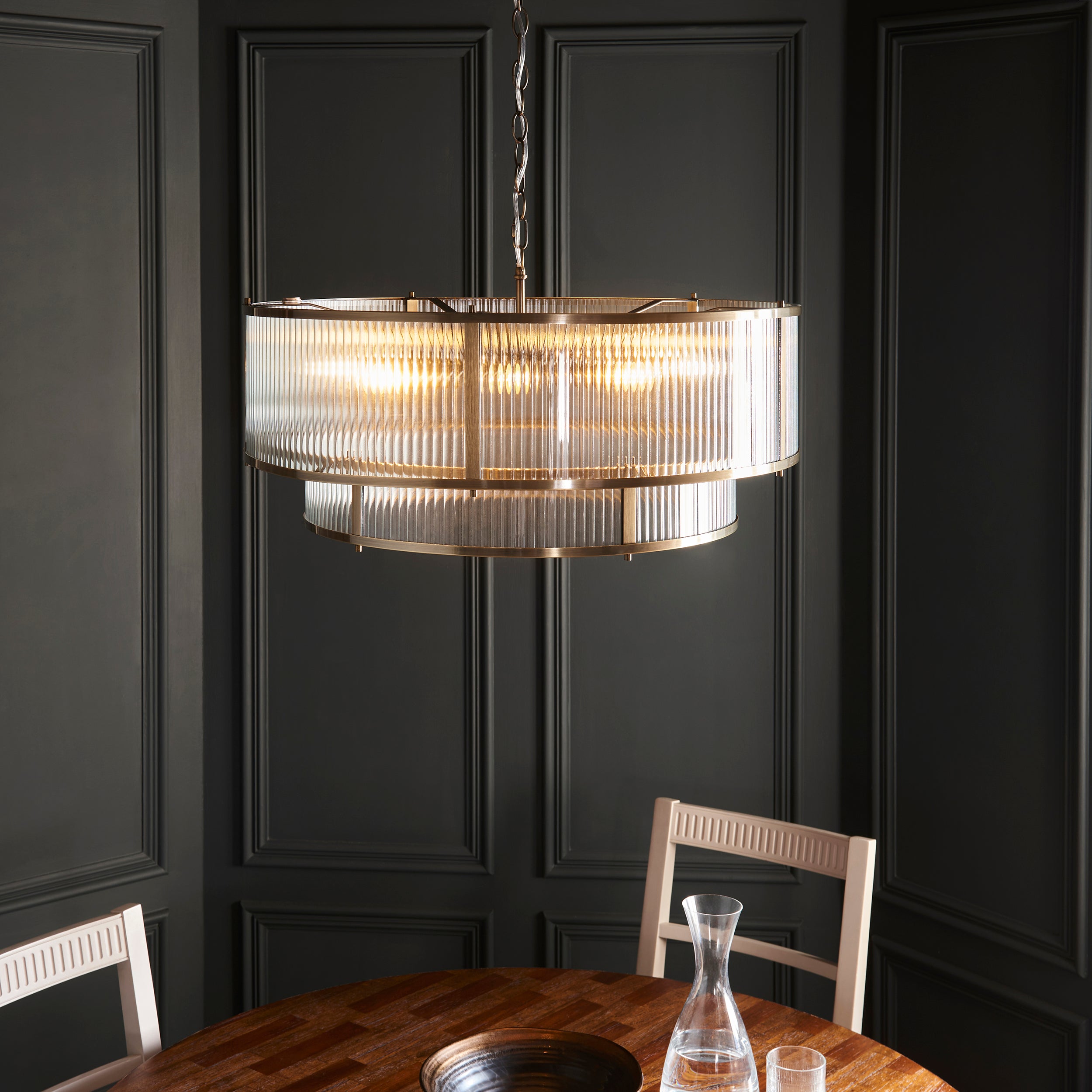 Endon Ridgeton 8 Light Tiered Pendant - Antique Brass Plate & Clear Ribbed Glass