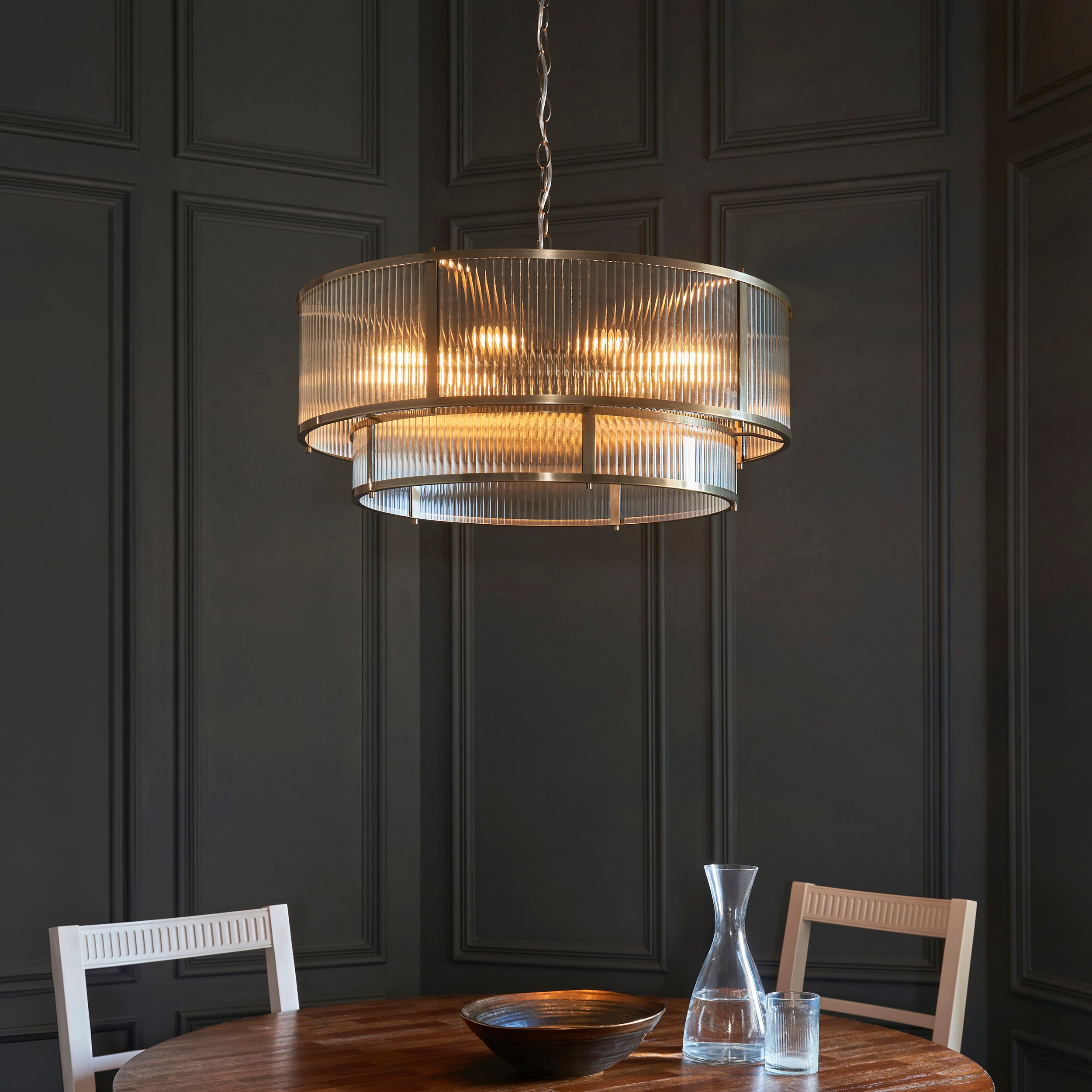 Endon Ridgeton 8 Light Tiered Pendant - Antique Brass Plate & Clear Ribbed Glass