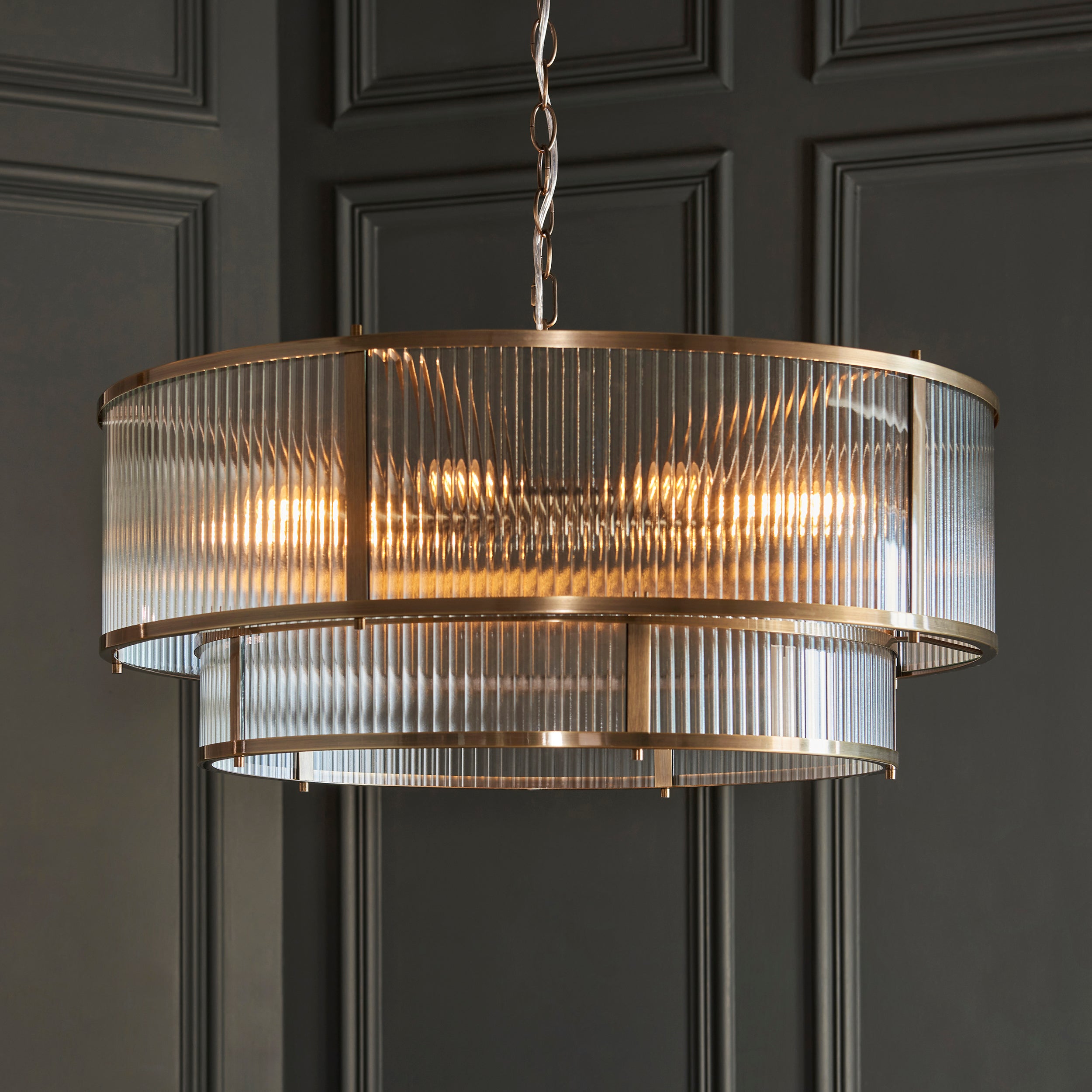 Endon Ridgeton 8 Light Tiered Pendant - Antique Brass Plate & Clear Ribbed Glass