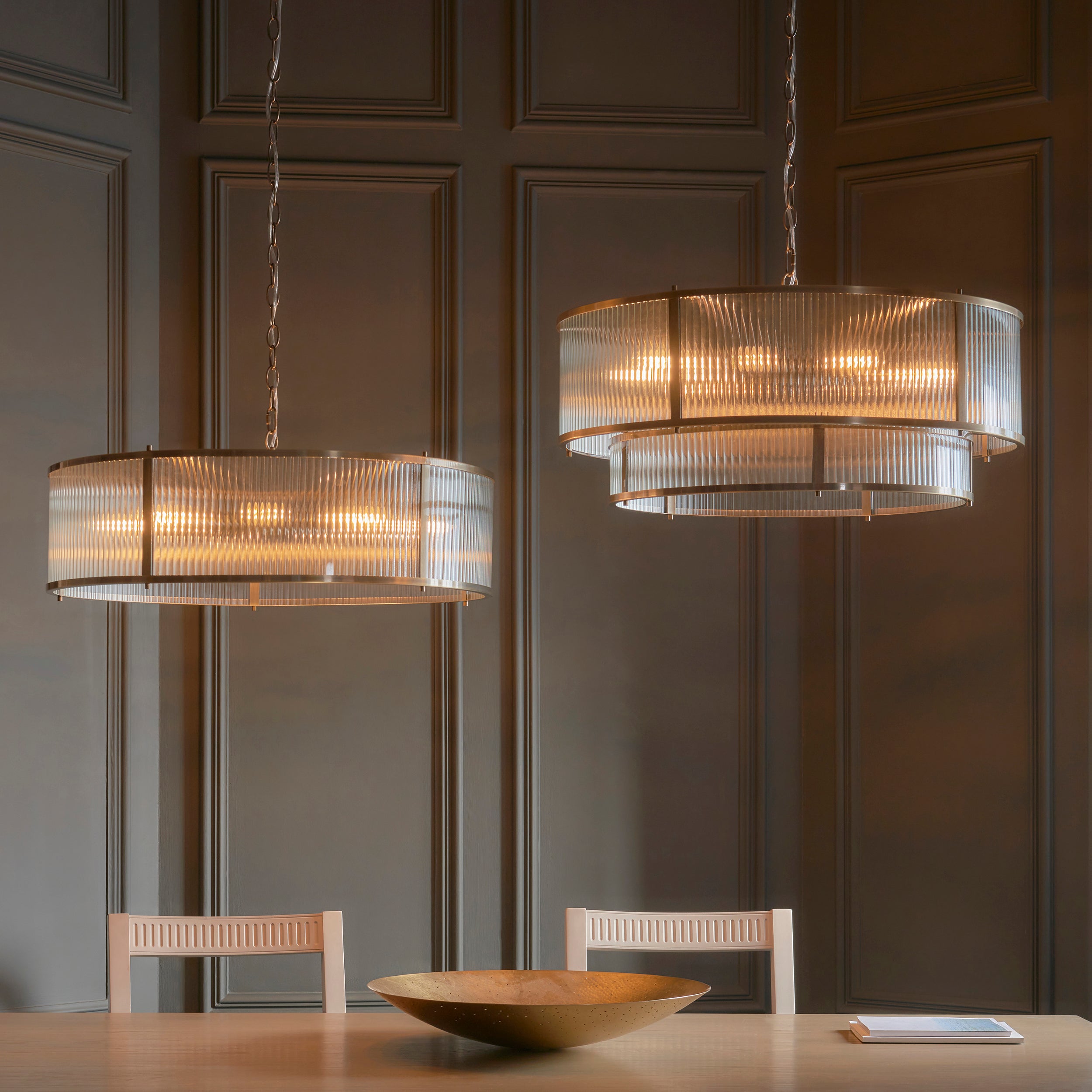 Endon Ridgeton 8 Light Tiered Pendant - Antique Brass Plate & Clear Ribbed Glass