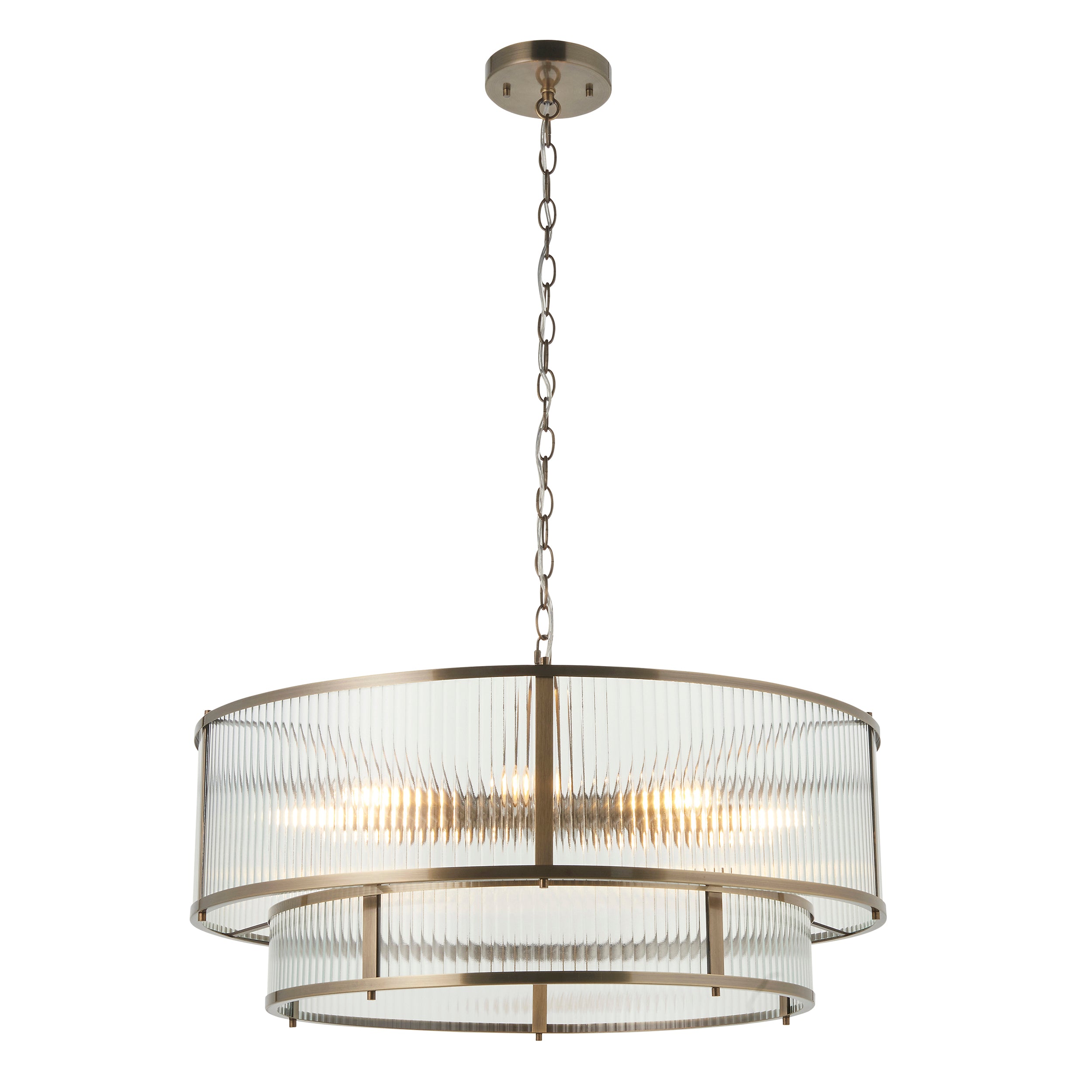 Endon Ridgeton 8 Light Tiered Pendant - Antique Brass Plate & Clear Ribbed Glass