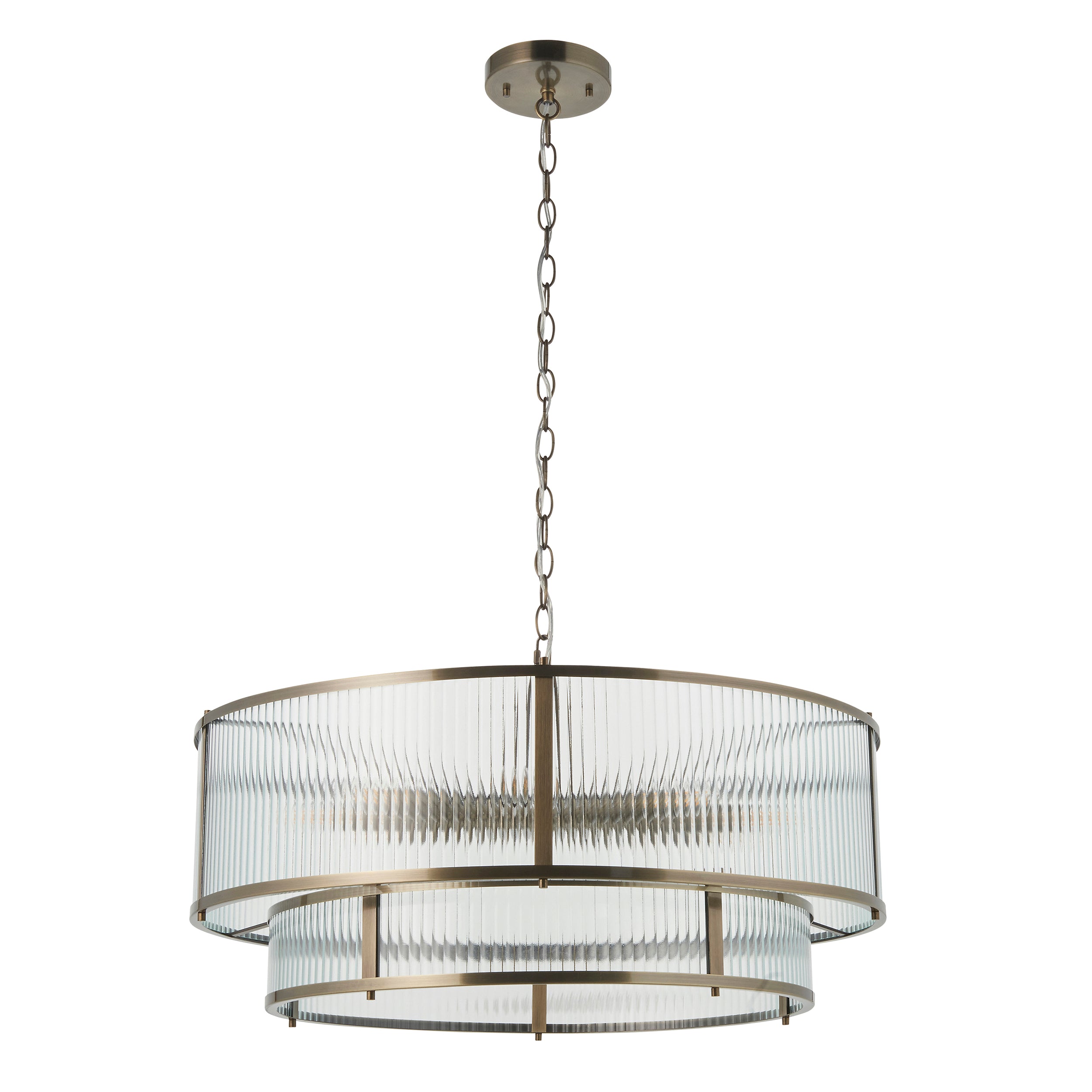 Endon Ridgeton 8 Light Tiered Pendant - Antique Brass Plate & Clear Ribbed Glass