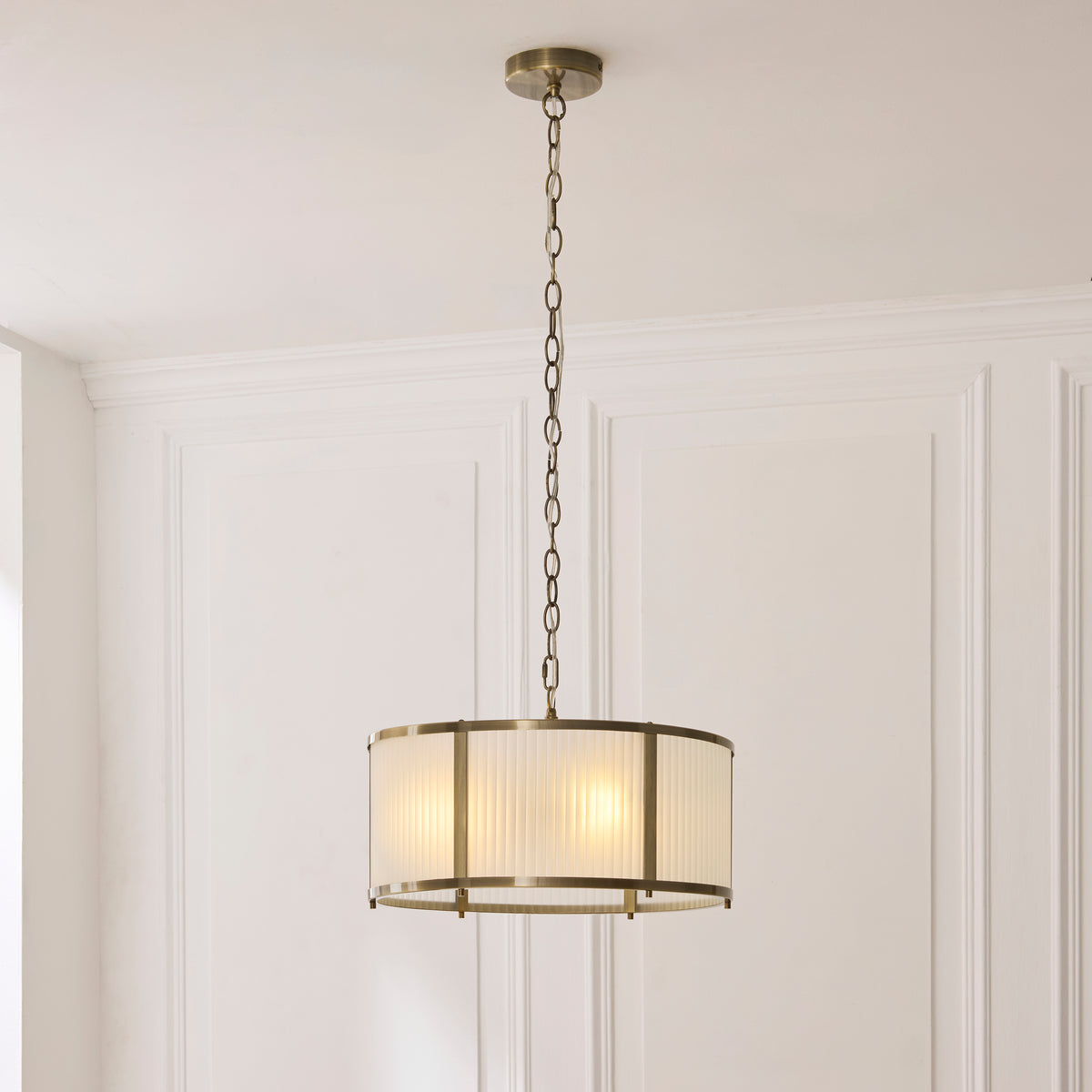 Endon Ridgeton 3 Light Pendant - Antique Brass Plate & Frosted Ribbed Glass