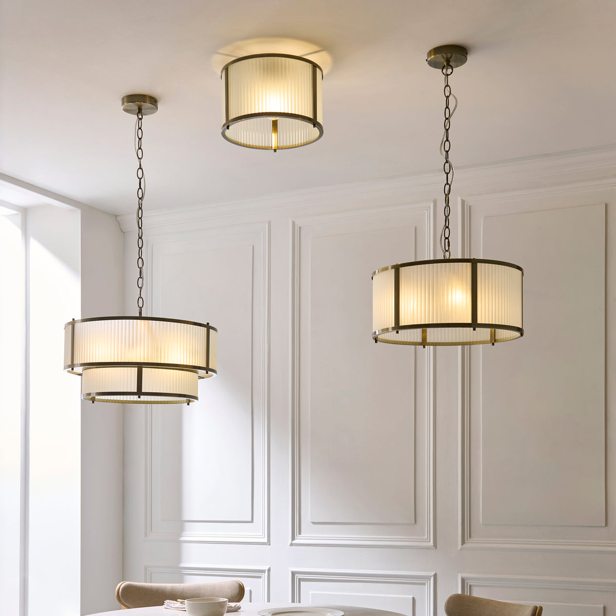 Endon Ridgeton 3 Light Pendant - Antique Brass Plate & Frosted Ribbed Glass