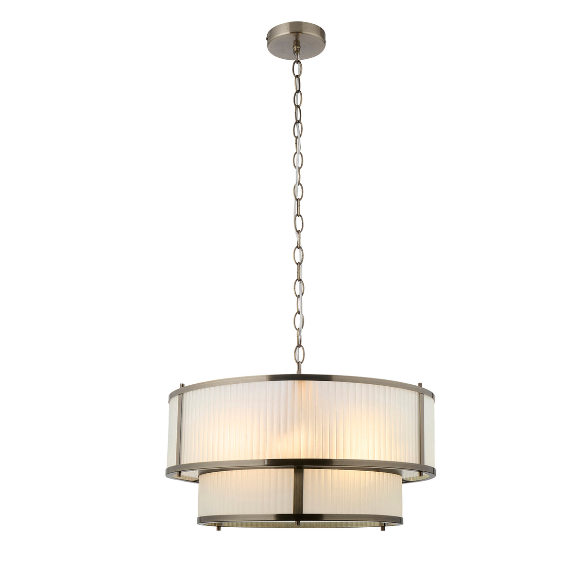 Alternative angle studio shot of the Endon Ridgeton 5 light tiered pendant in antique brass with frosted ribbed glass on a white background