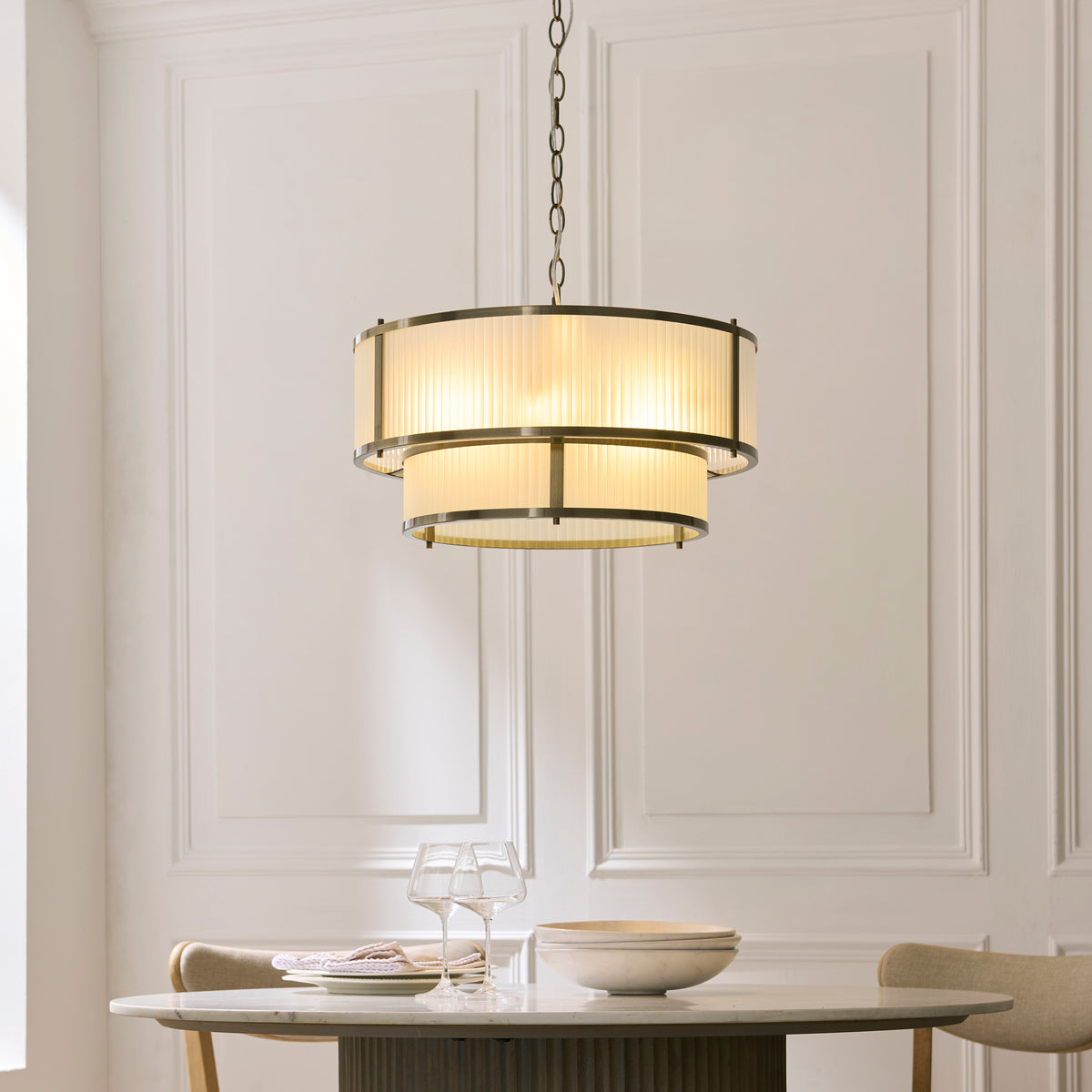 Endon Ridgeton 5 Light Tiered Pendant - Antique Brass Plate & Frosted Ribbed Glass