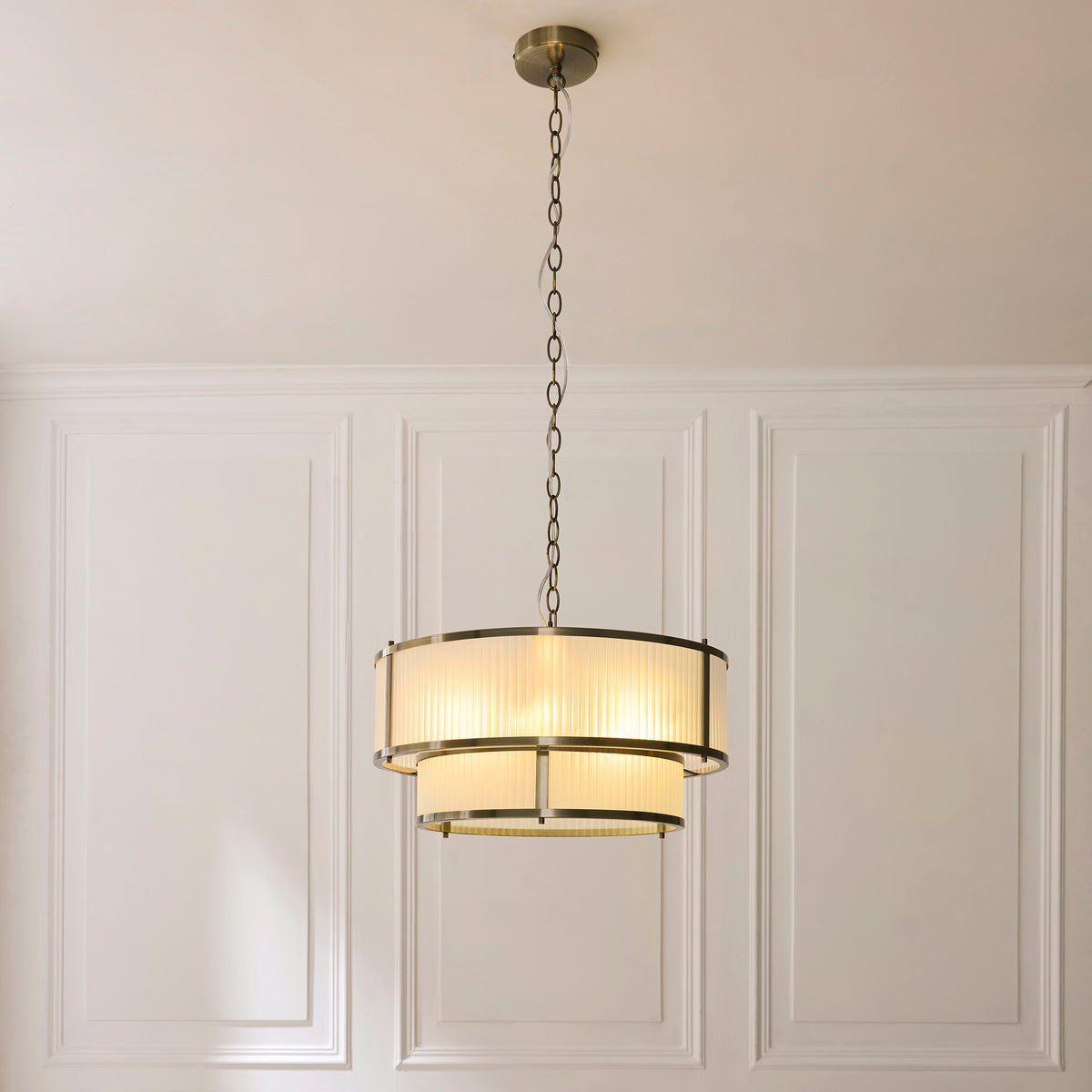 Endon Ridgeton 5 Light Tiered Pendant - Antique Brass Plate & Frosted Ribbed Glass