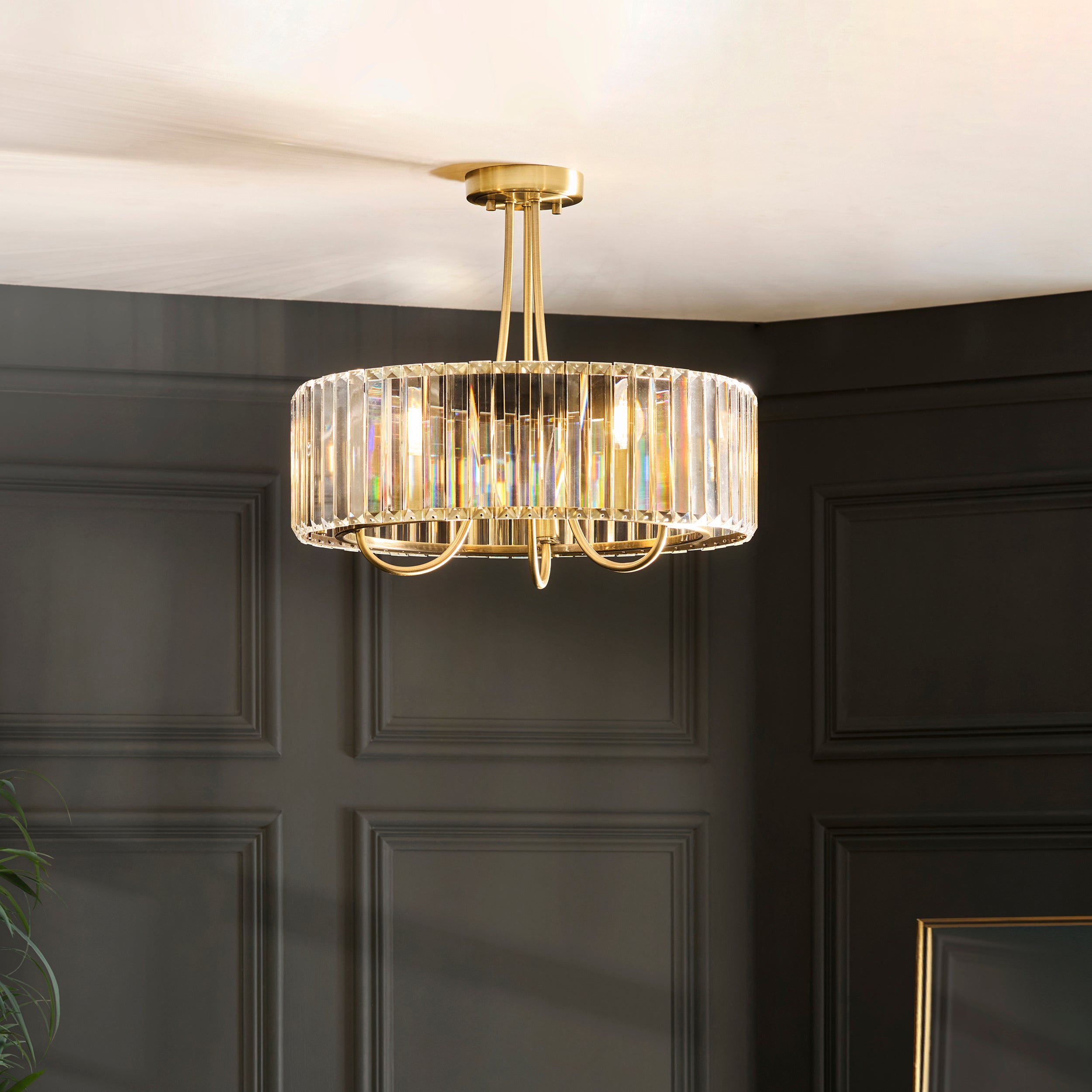 Endon Visconti 3 Light Semi Flush Ceiling Light - Antique Brass Plate & Clear Glass