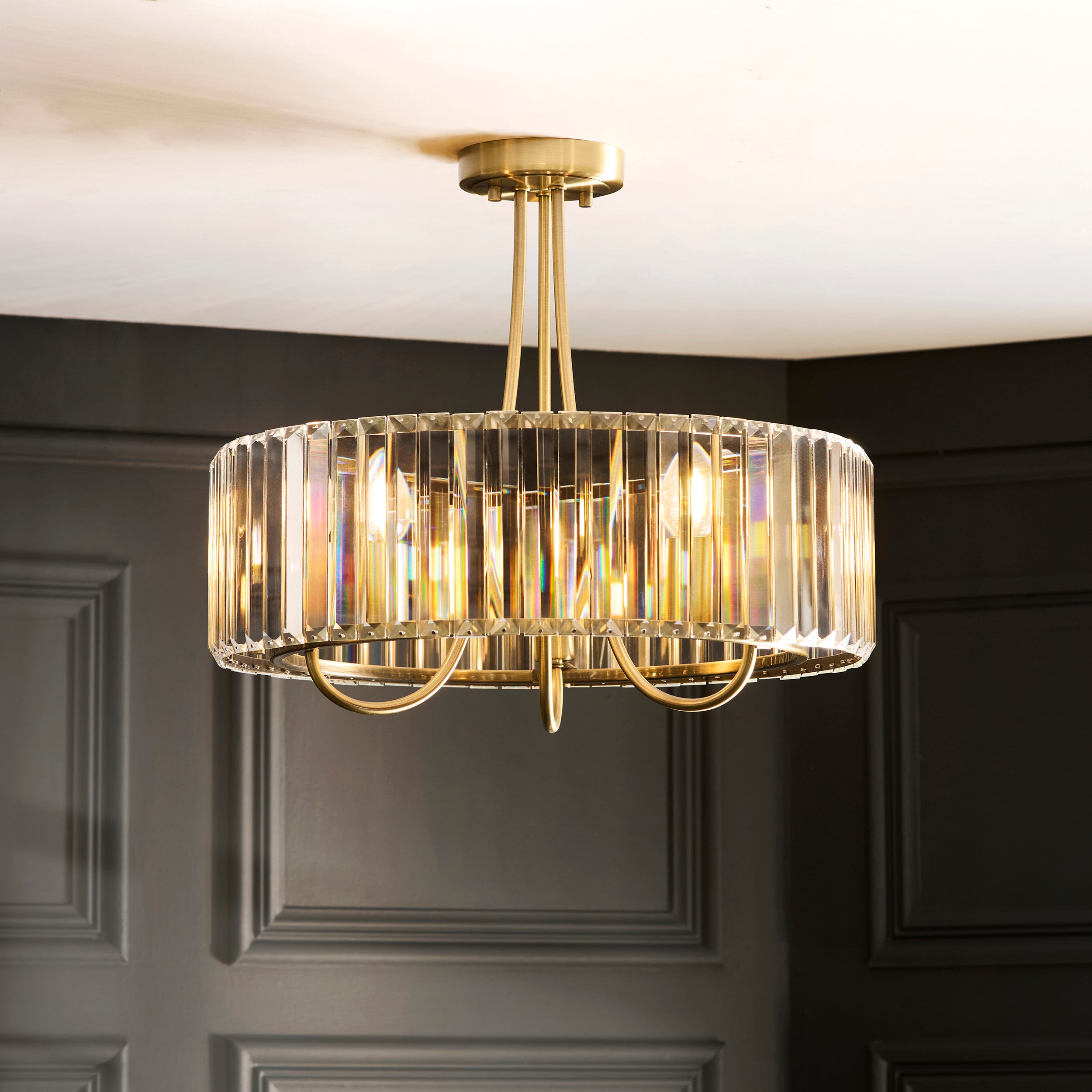 Endon Visconti 3 Light Semi Flush Ceiling Light - Antique Brass Plate & Clear Glass