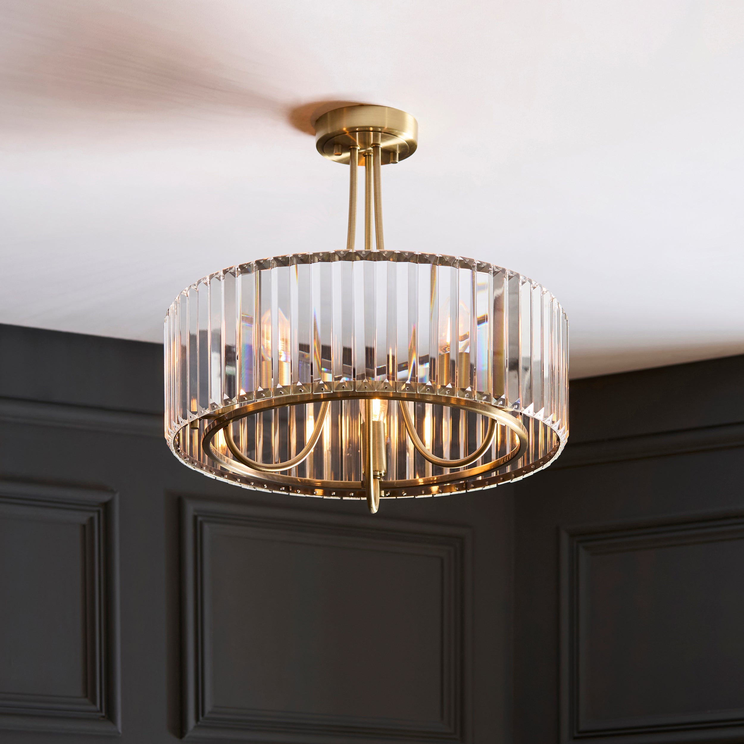 Endon Visconti 3 Light Semi Flush Ceiling Light - Antique Brass Plate & Clear Glass