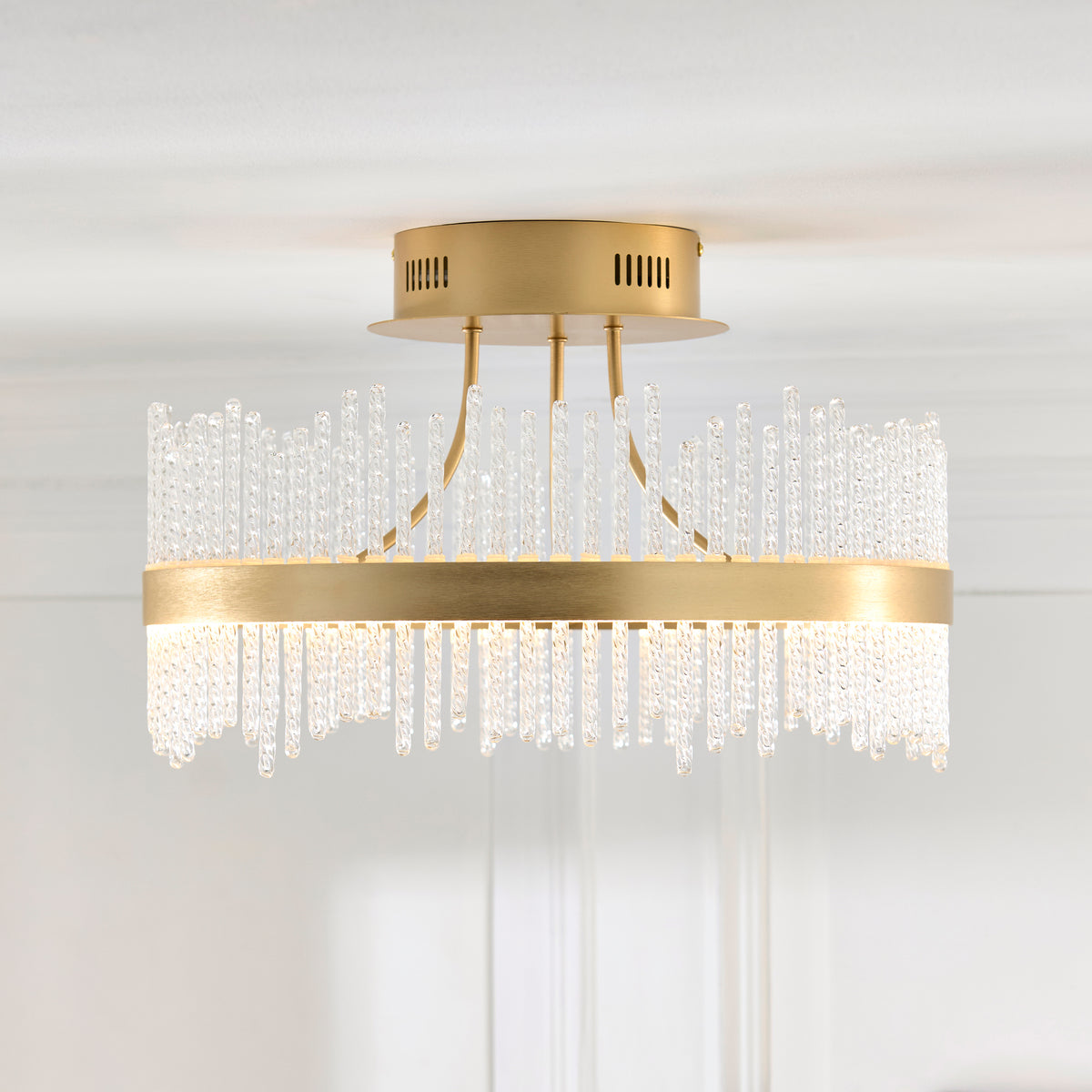 Utopia Twist Flush Ceiling Light - Brushed Gold Plate & Clear Glass Rods