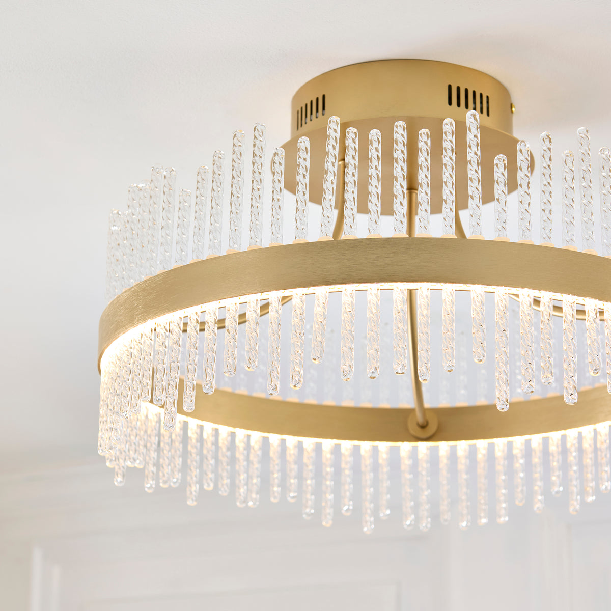 Utopia Twist Flush Ceiling Light - Brushed Gold Plate & Clear Glass Rods