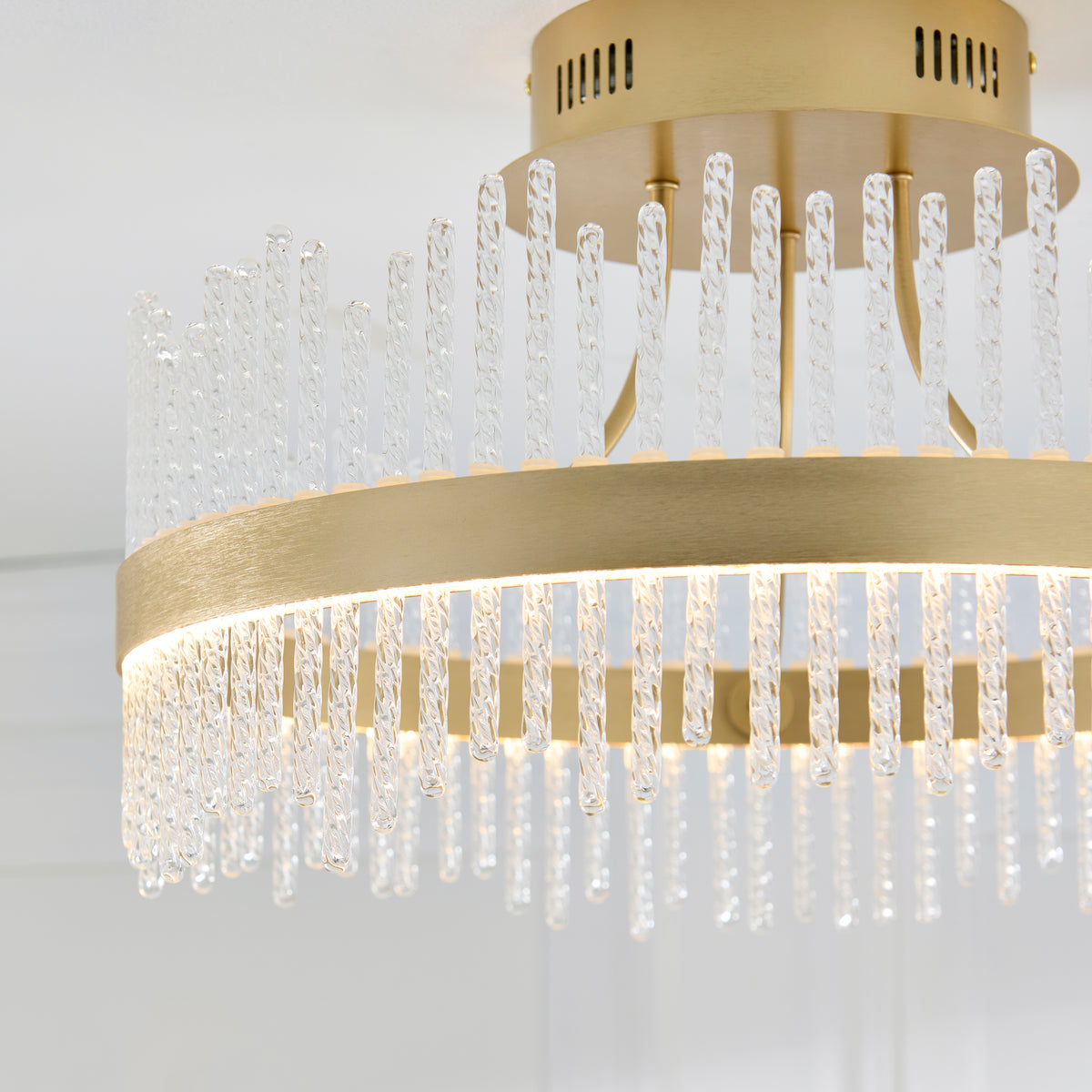 Utopia Twist Flush Ceiling Light - Brushed Gold Plate & Clear Glass Rods